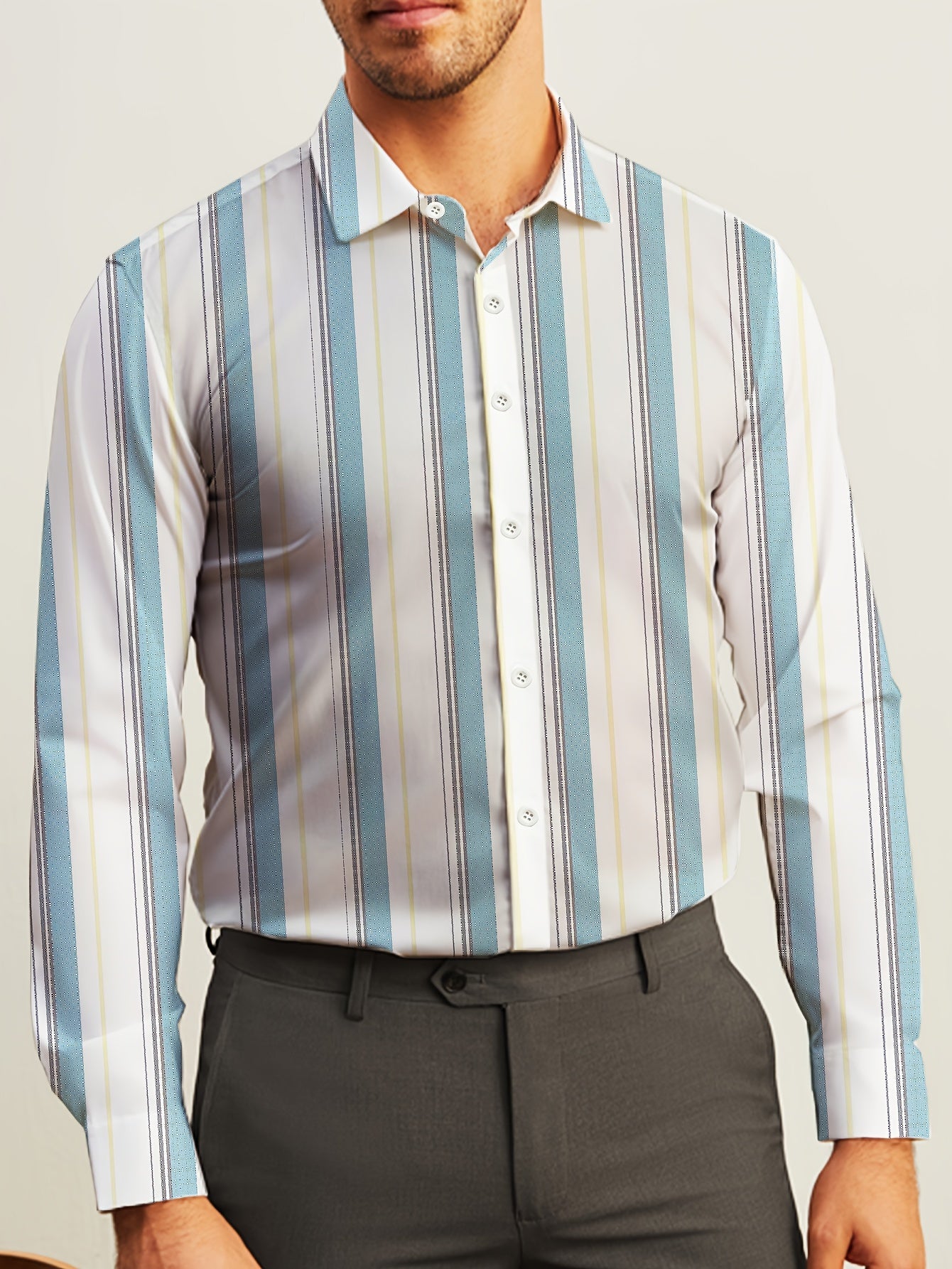 Men's Striped Lapel Collar Dress Shirts, Long Sleeve .