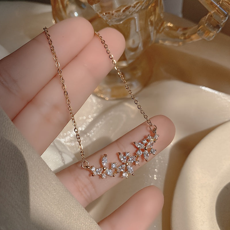 Zircon Flower Alloy Necklace For Women, Birthday Holiday Gift, Clothing Decoration, Party Accessories