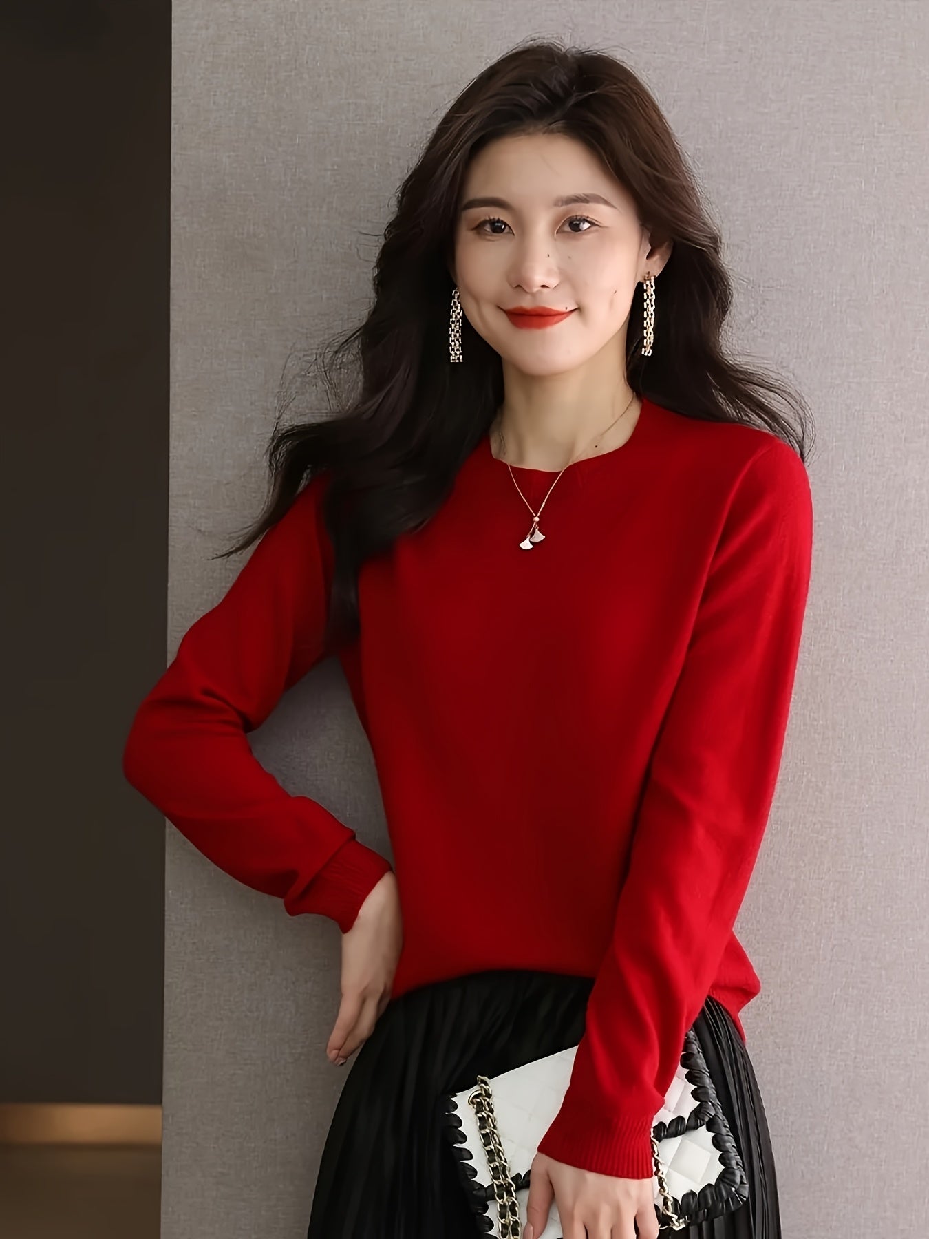 1pc Women'S 100% Wool Crew Neck Long Sleeve Knit Sweater,