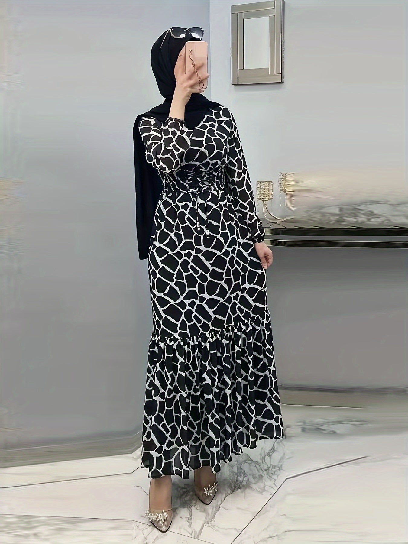 Allover Print Maxi Kaftan Dress, Casual Long Sleeve '/MH