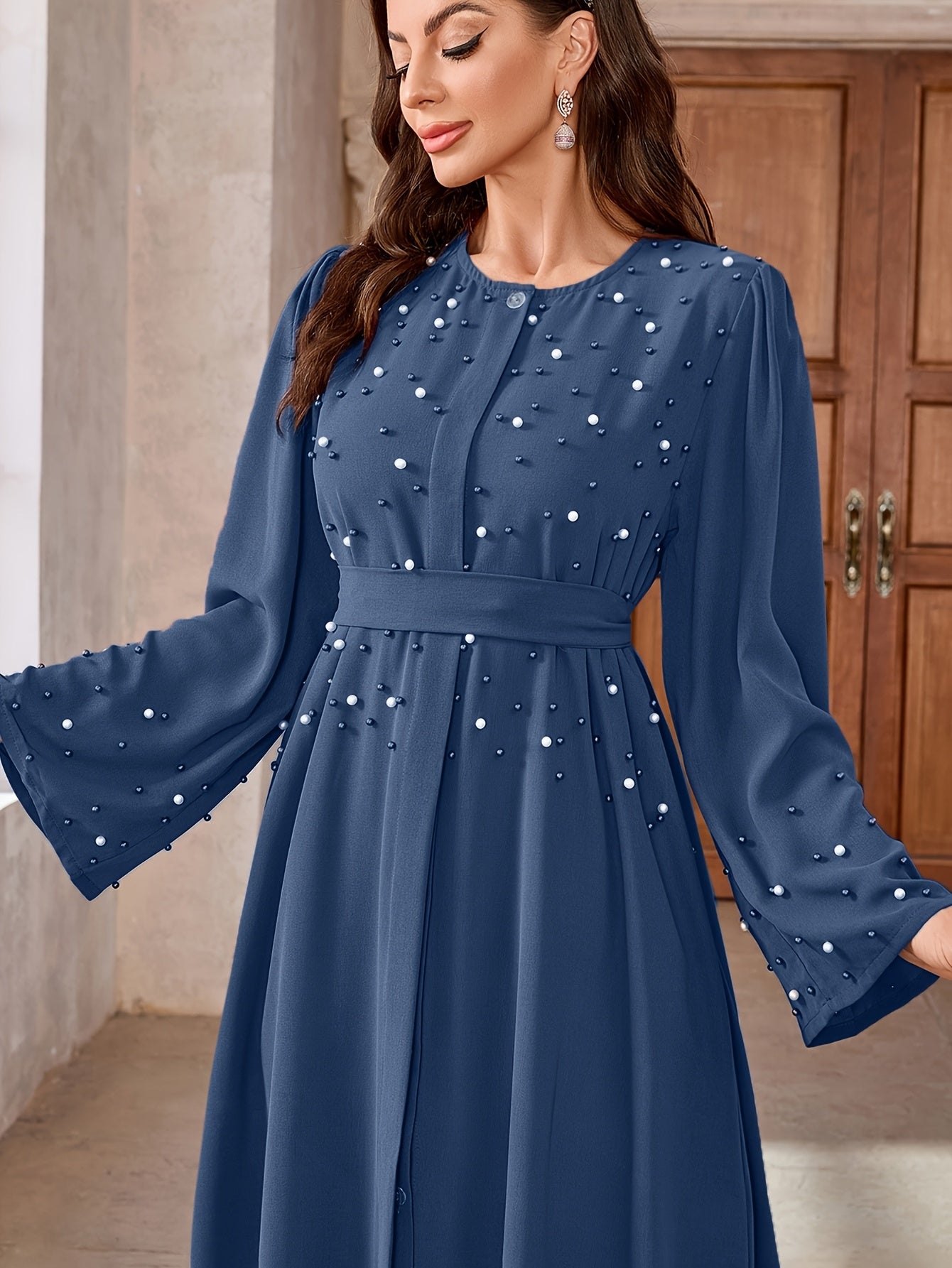 Elegant Pearl Embellished Burgundy Abaya./MH