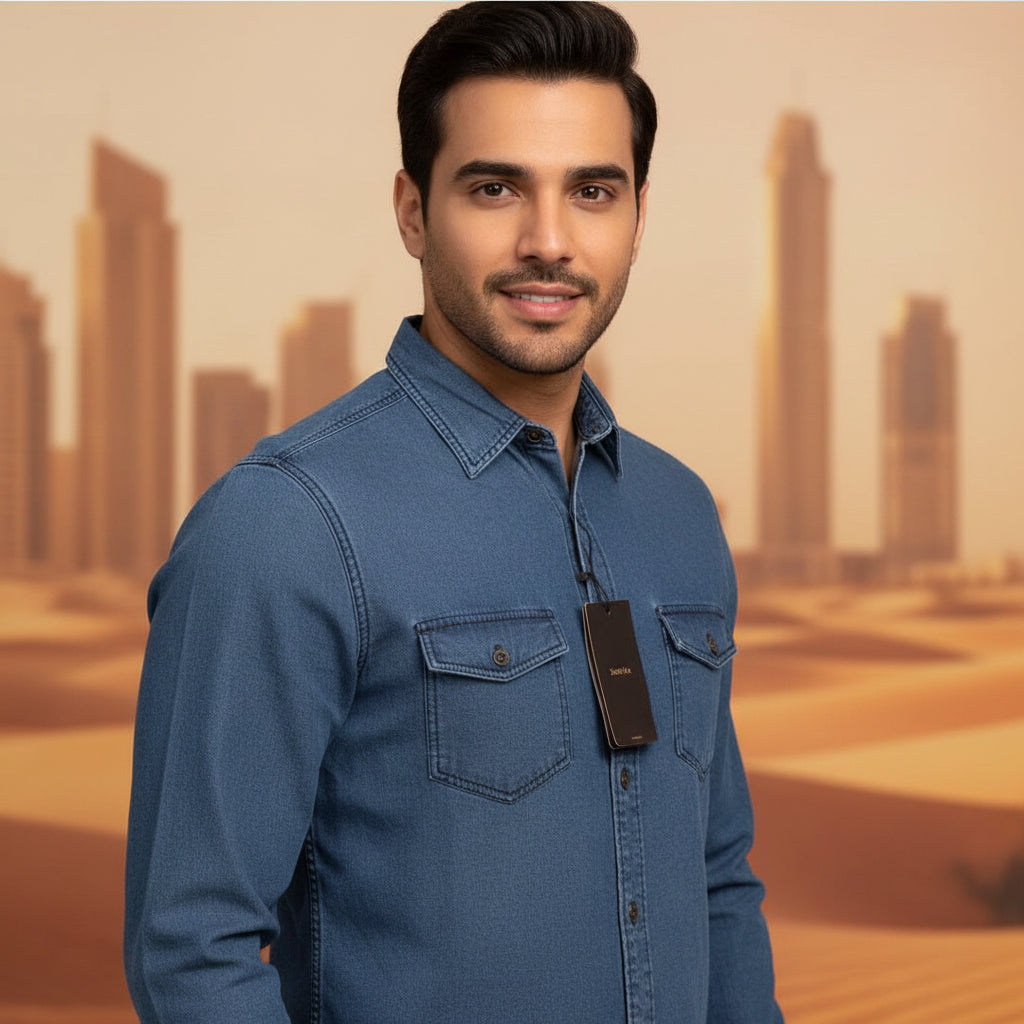 Men’s Blue Denim Button-Up Shirt Long Sleeve Relaxed Fit | Sizes S-XL | MH