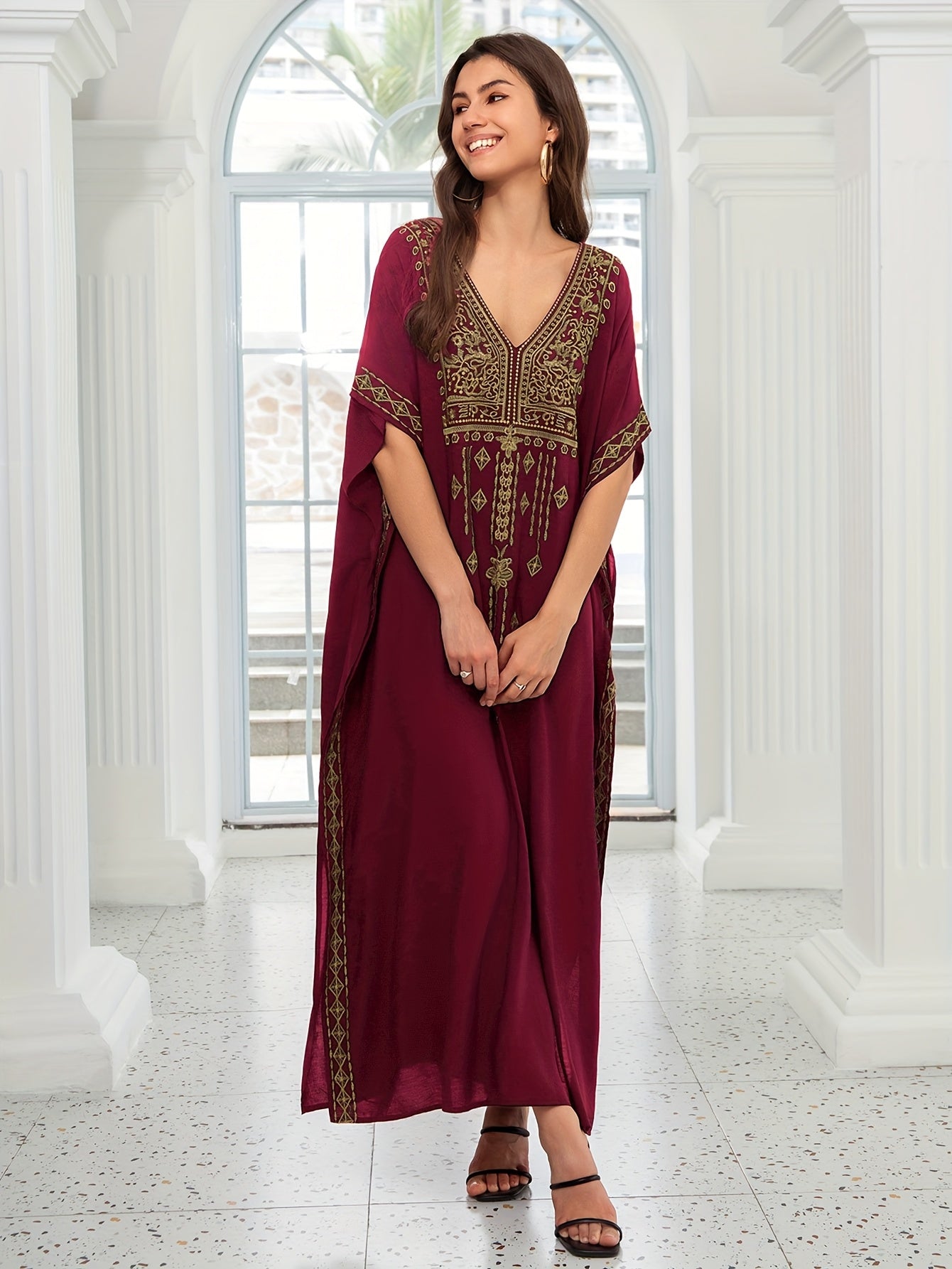 EDOLYNSA Sexy Red Geometric Embroidered Kaftan | V-Neck women fashion'/MH