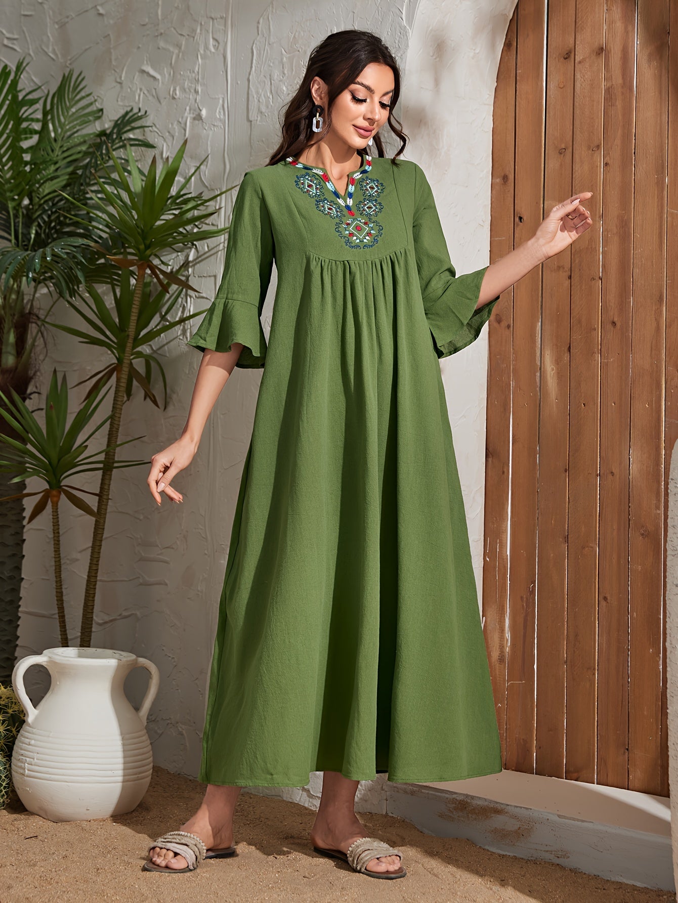 Embroidered V Neck Kaftan Dress, Elegant Half Sleeve .MH
