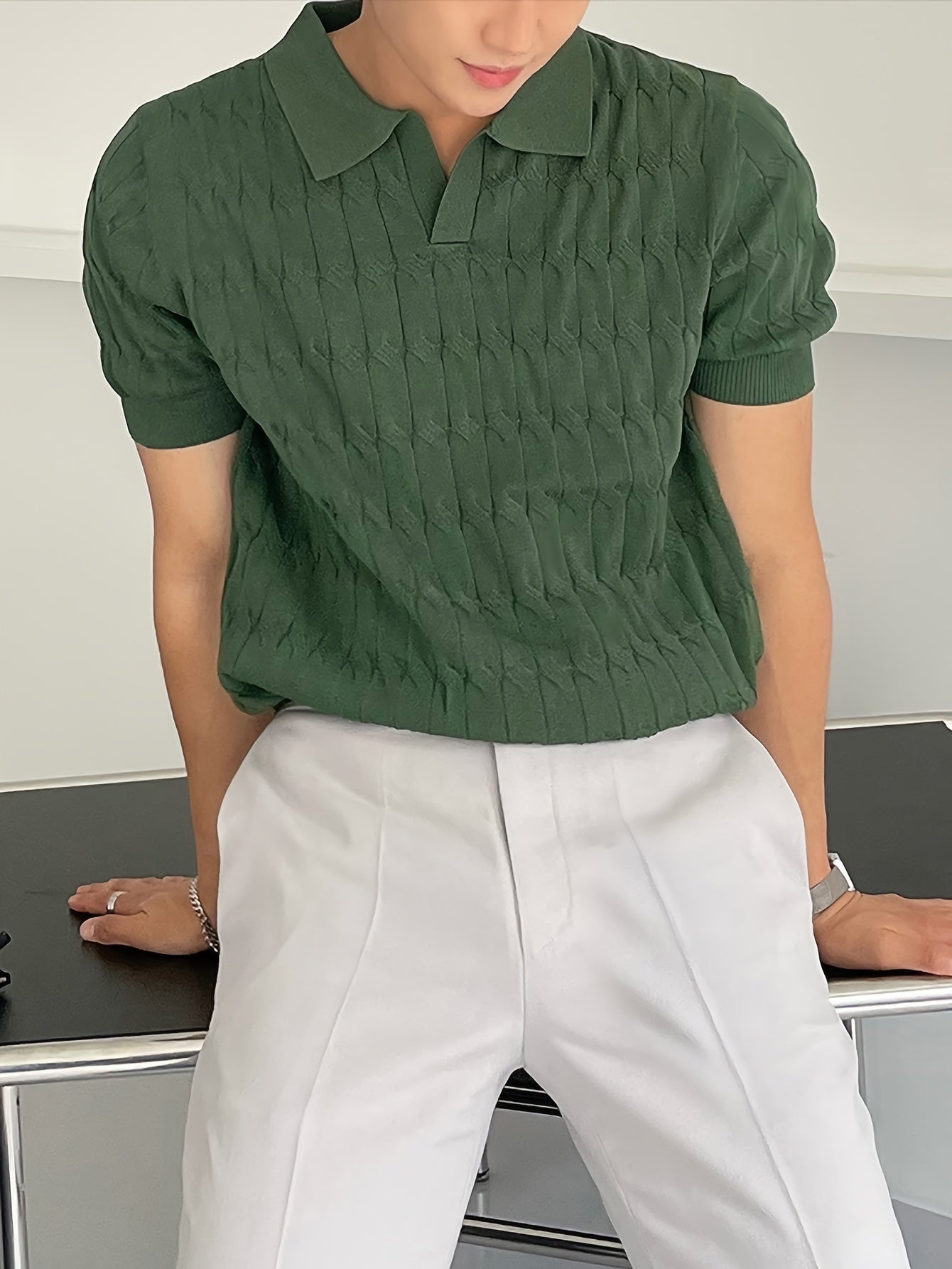 Chic Knit Shirt, Men's Casual Lapel Mid Stretch V-Neck Pullover Sweater