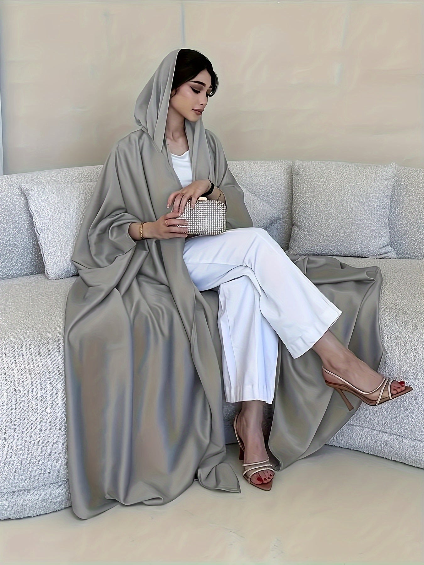 Open Front Hoodie Kaftan Dress, Elegant Long Batwing Sleeve Non-Stretch '/MH