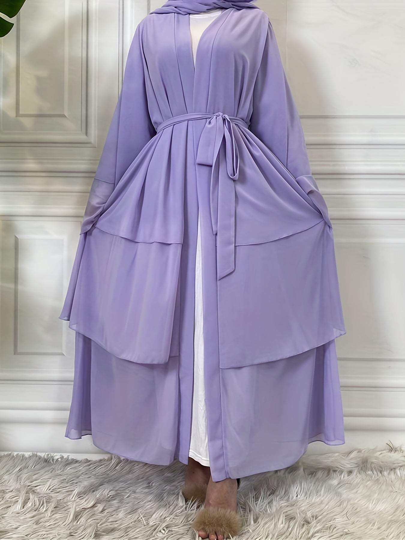 Layered Open Front Modest Dress, Long Sleeve Muslim Dress'/MH