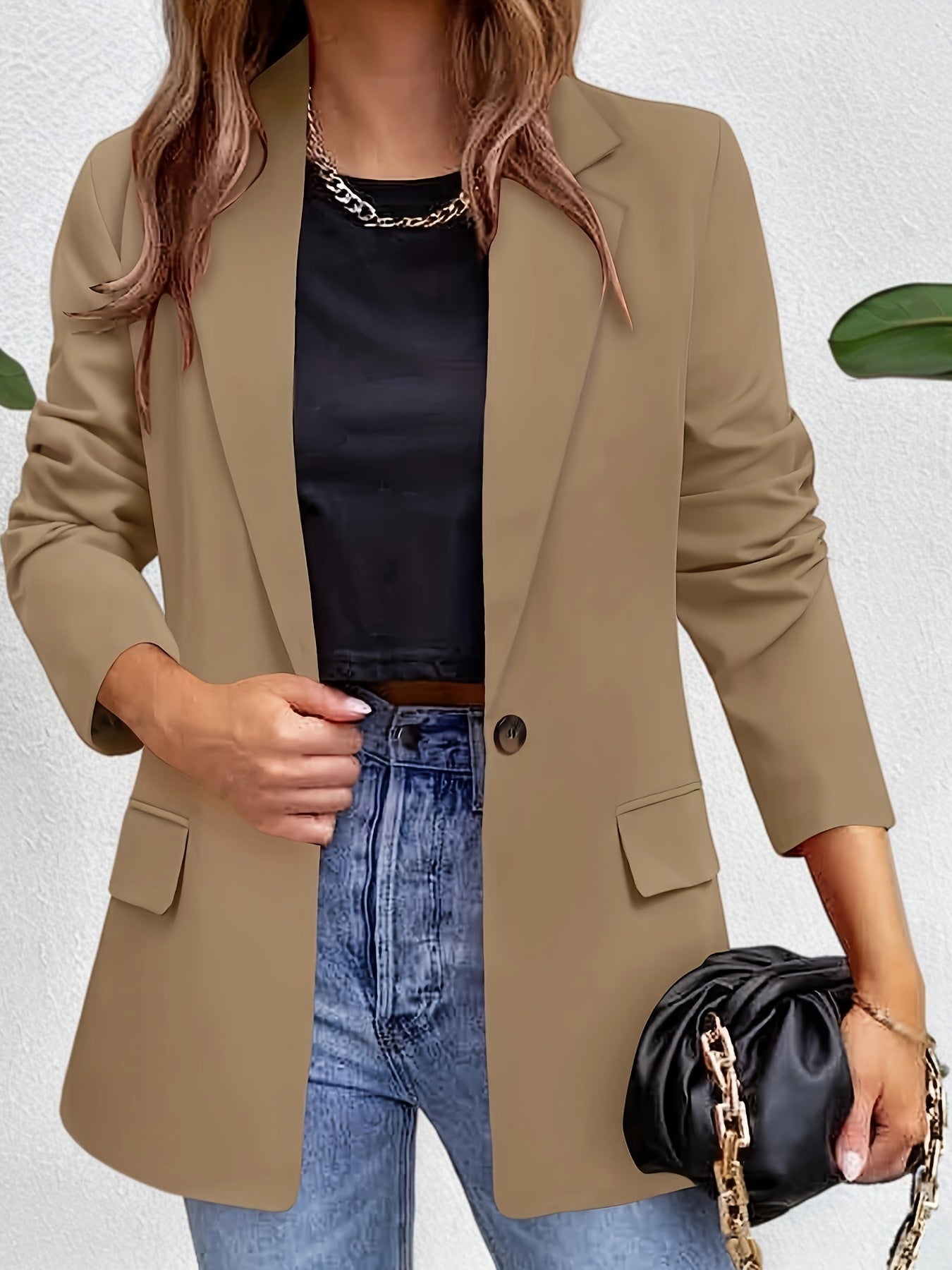 Solid Color Single Breasted Blazer, Elegant Long Sleeve Outwear .