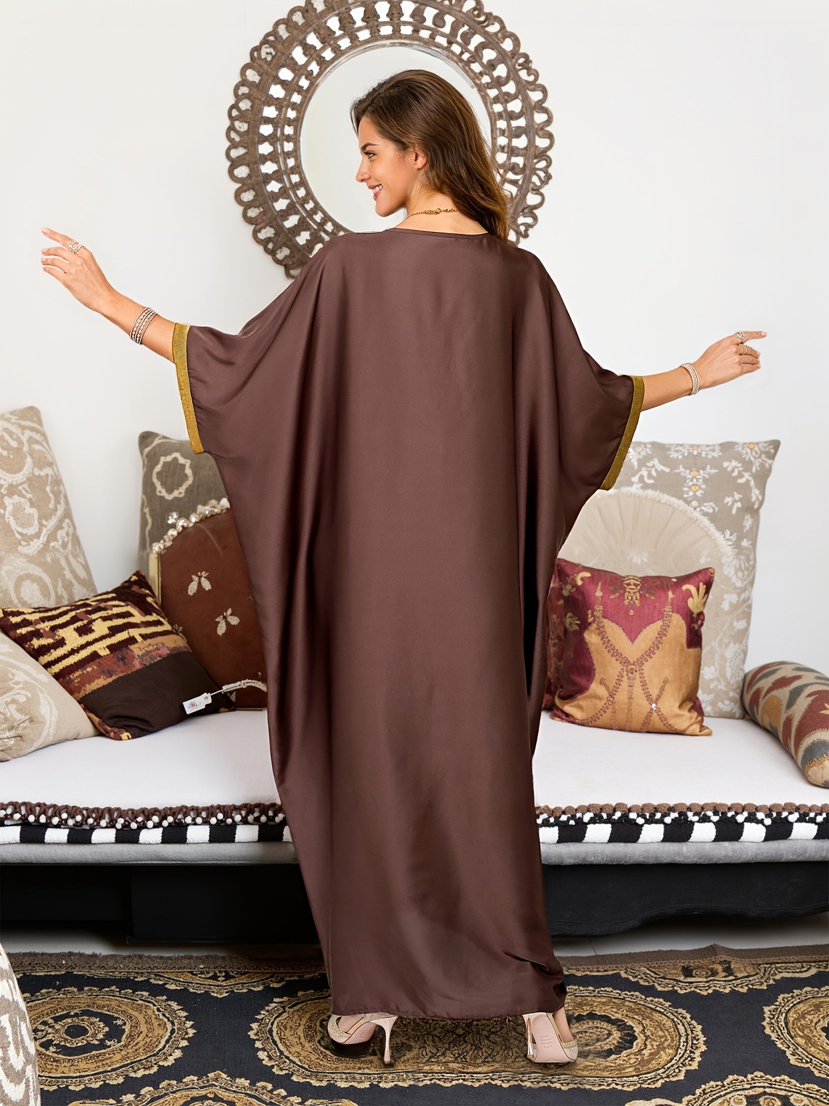 EDOLYNSA Vintage Brown & Golden Contrast Satin V-Neck./MH