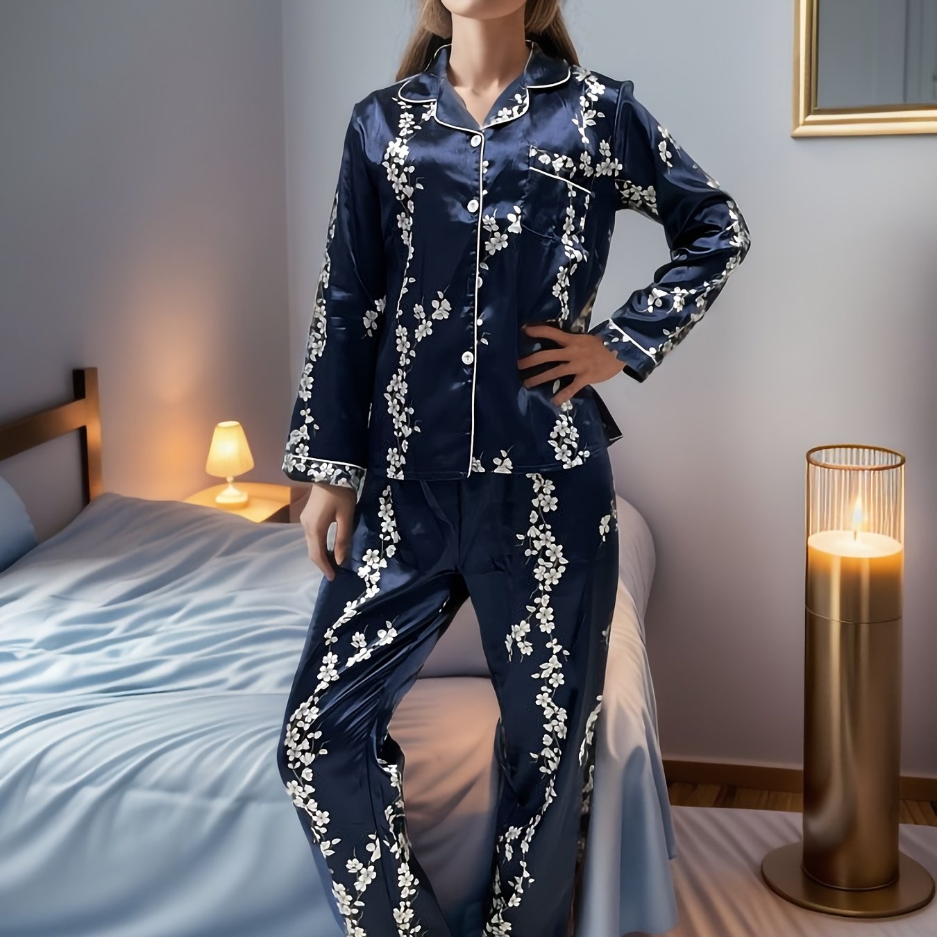 Floral Print Sleep Set, Long Sleeve Button Up Blouse .