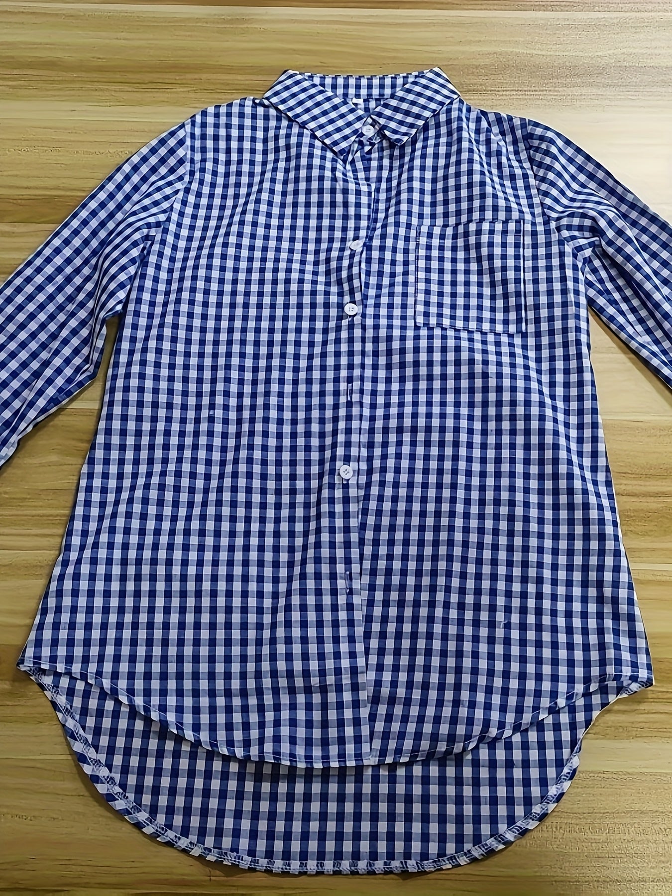 Women'S Casual Long Sleeve Gingham Check Shirt - Light Blue & White,