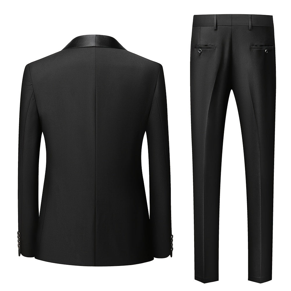 3-Piece Men's Classic Solid Dress Suit Set, One-Button Jacket Blazer.