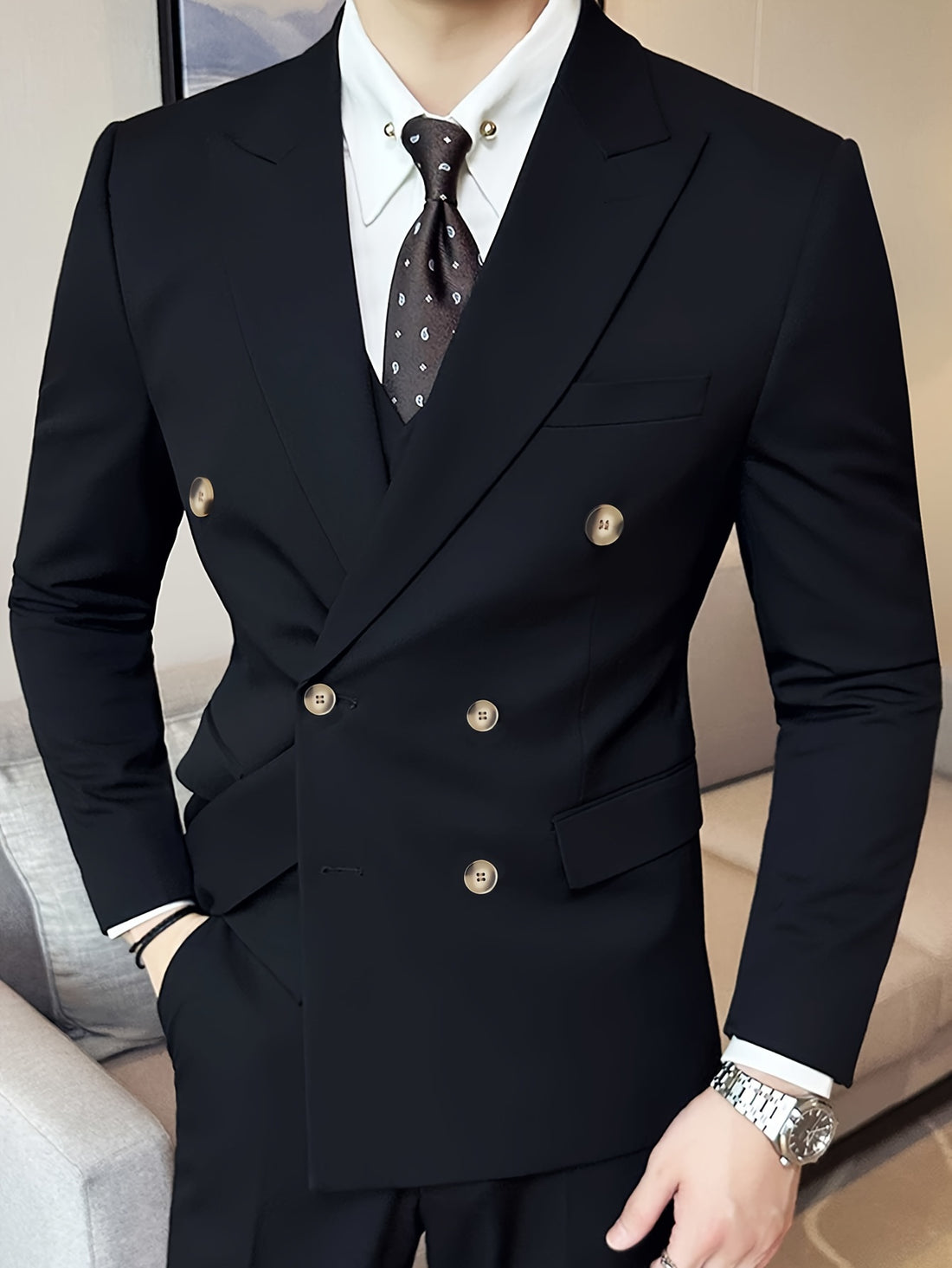 Men's Solid Color Double-Breasted Blazer, Fashion Tailored Fit Suit .