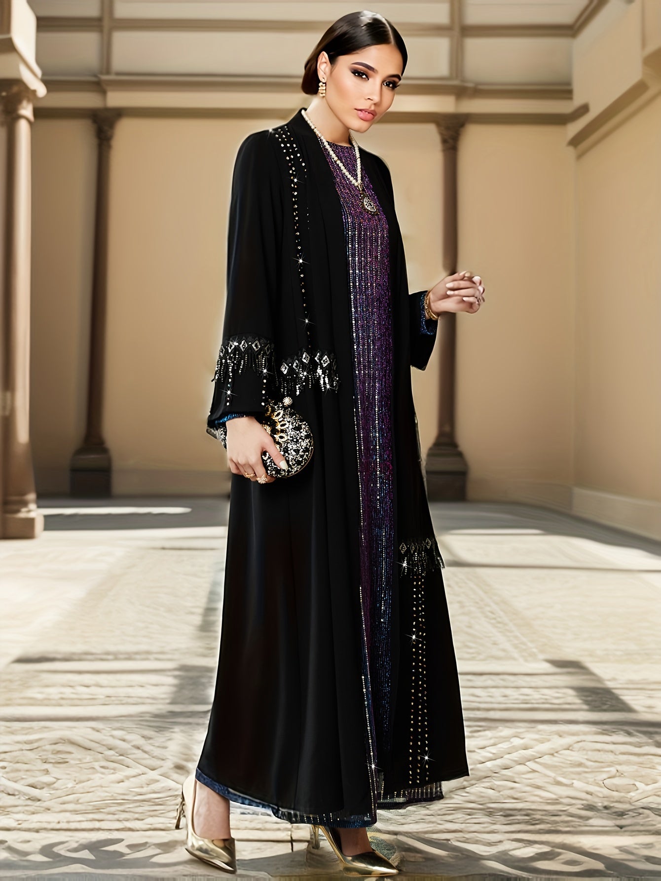 Open Front Rhinestone Decor Kaftan Dress, Elegant Long Sleeve '/MH