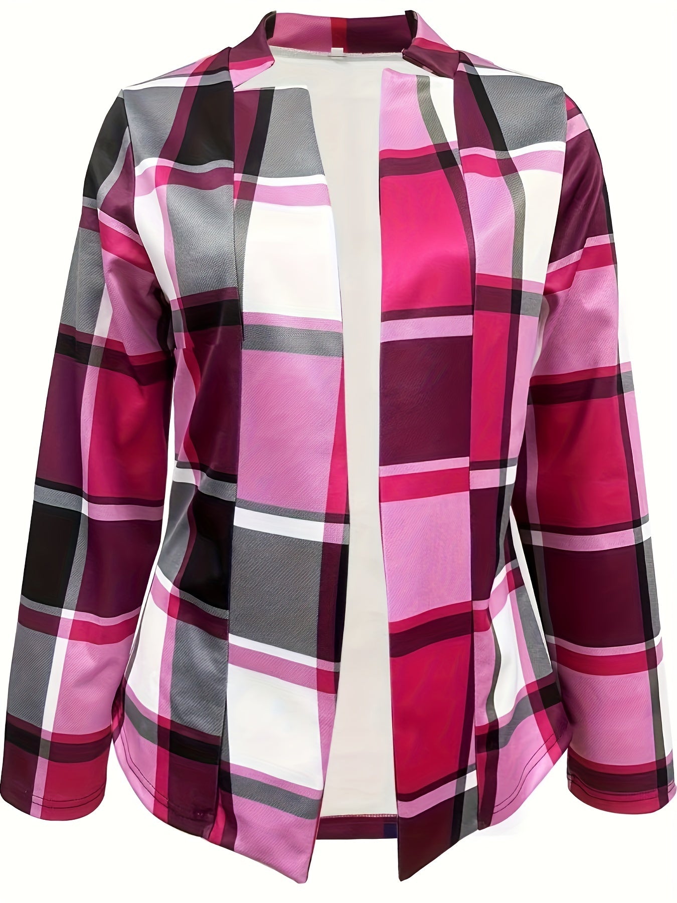 Plaid Print Open Front Blazer, Elegant Long Sleeve .