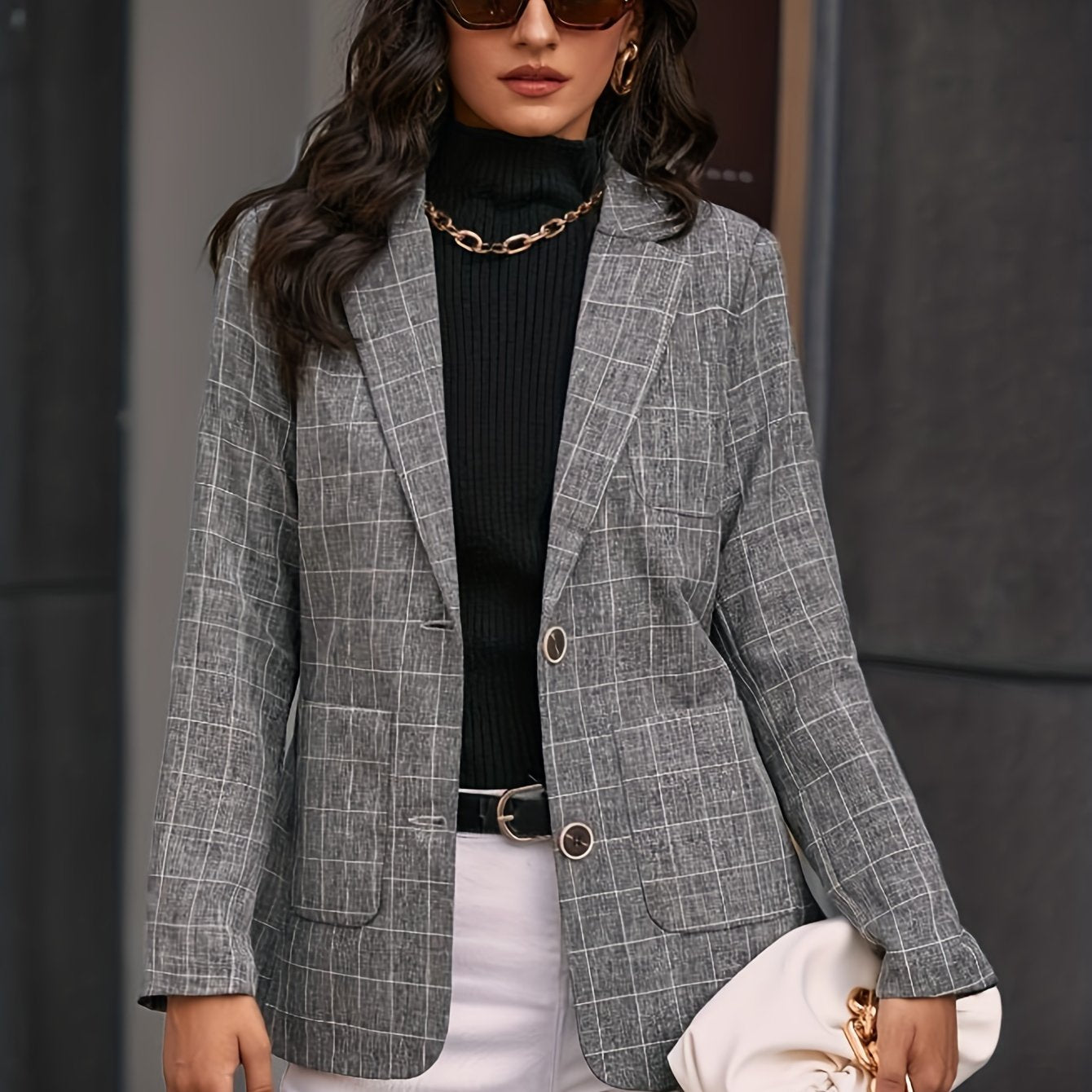 Plaid Print Single Breasted Lapel Blazer, Elegant Patched Pockets.