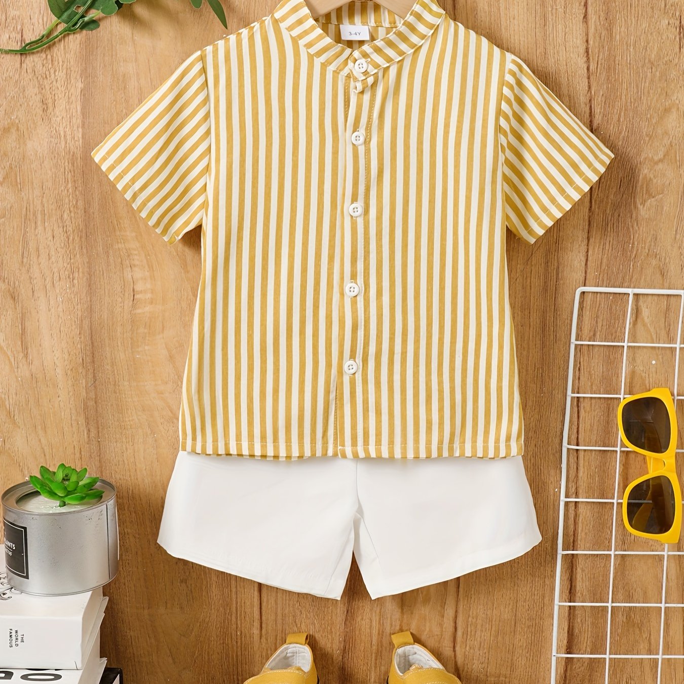 Boys Striped Casual Outfit Short Sleeves Stand Collar Shirt .