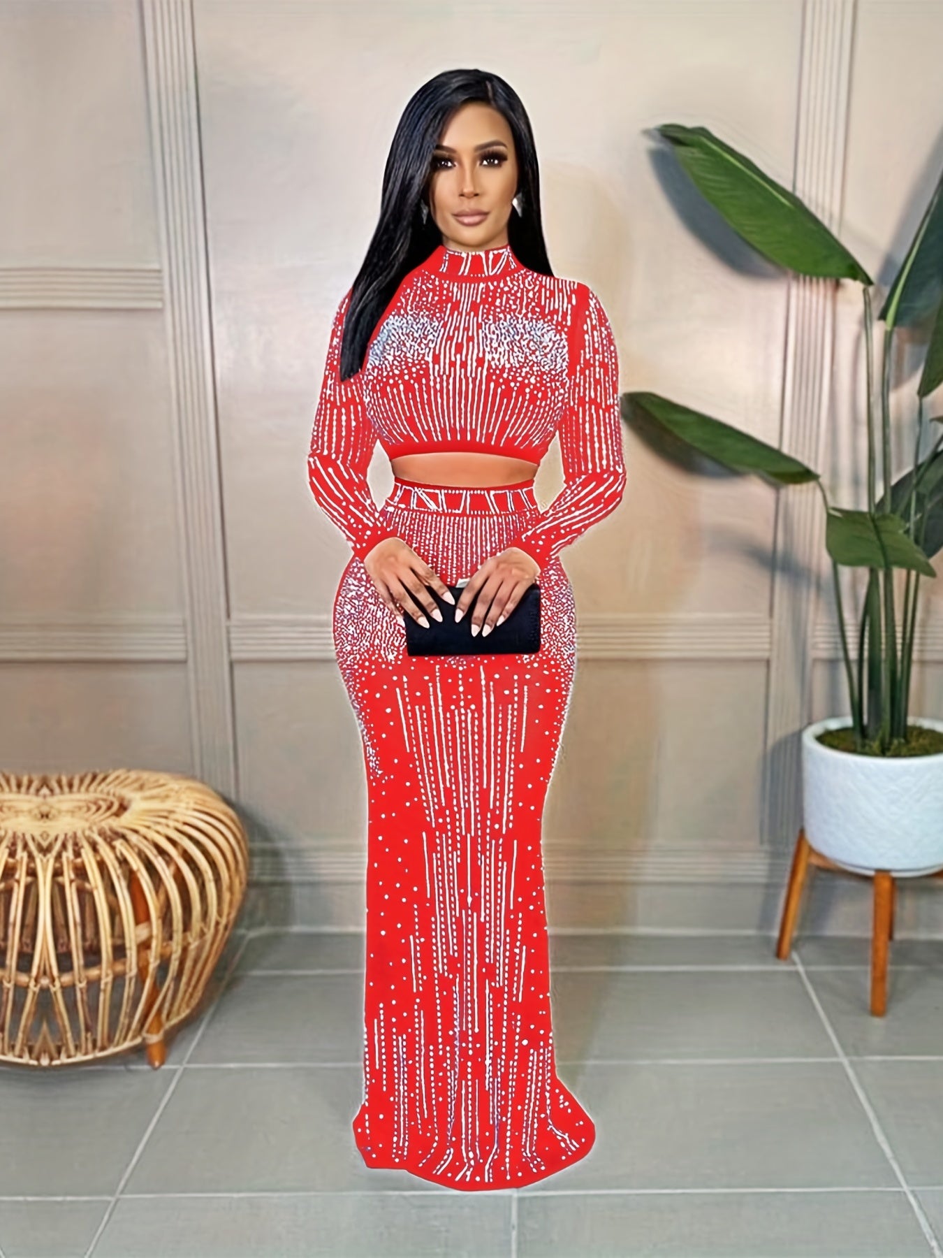 Party Rhinestone Two-piece Set, Bodycon Crop Top.