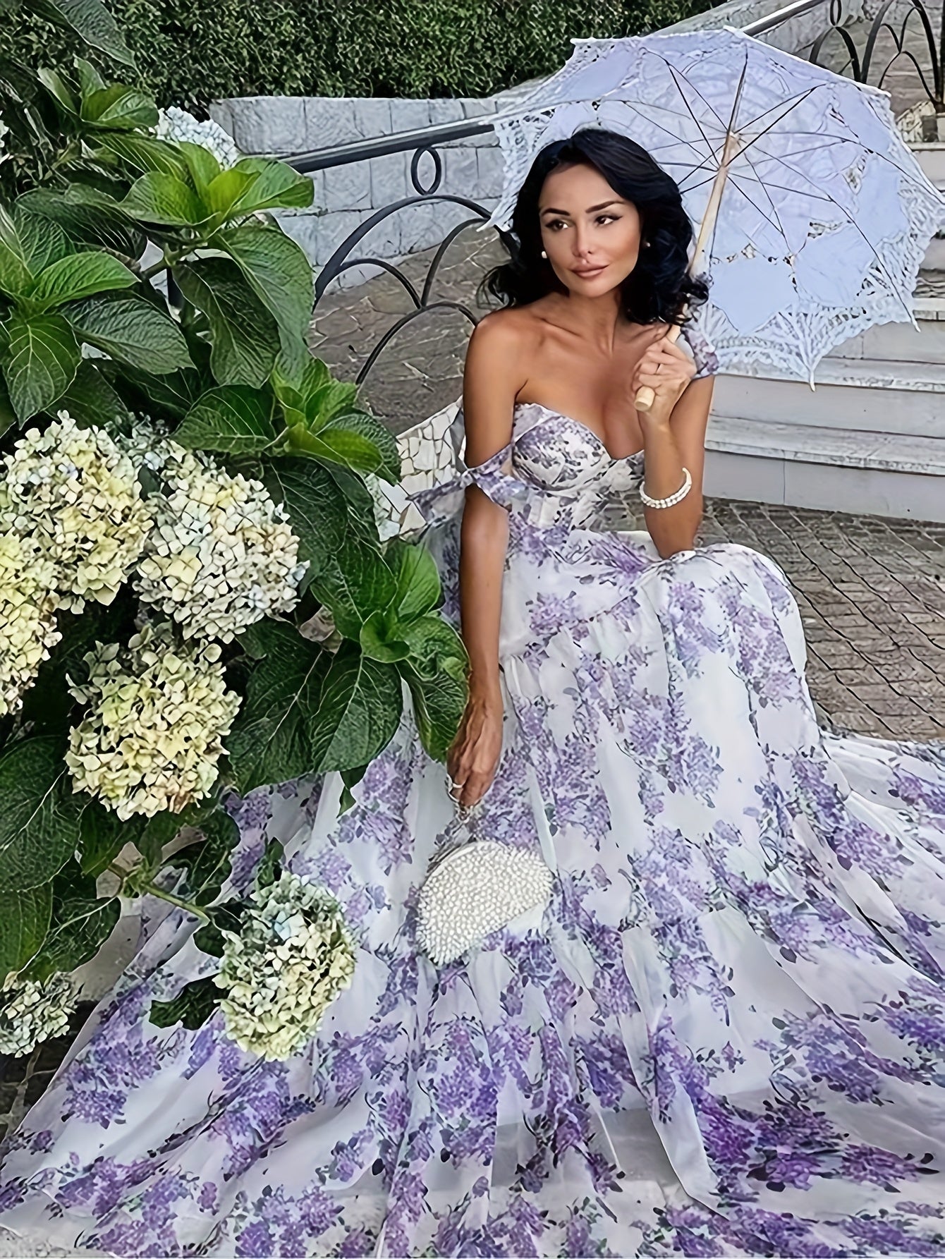 Elegant French Floral Off-Shoulder Long Dress - /MH