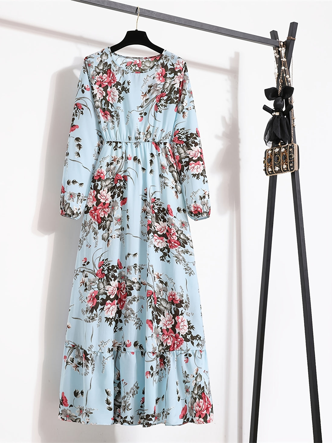 Bohemian Polka Dot Print Long Dress, Ruffle Hem Round Neck Long Sleeve.