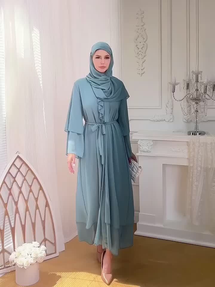 Solid Color Tie Waist Modest Dress, Elegant Layered Hem Maxi '/MH