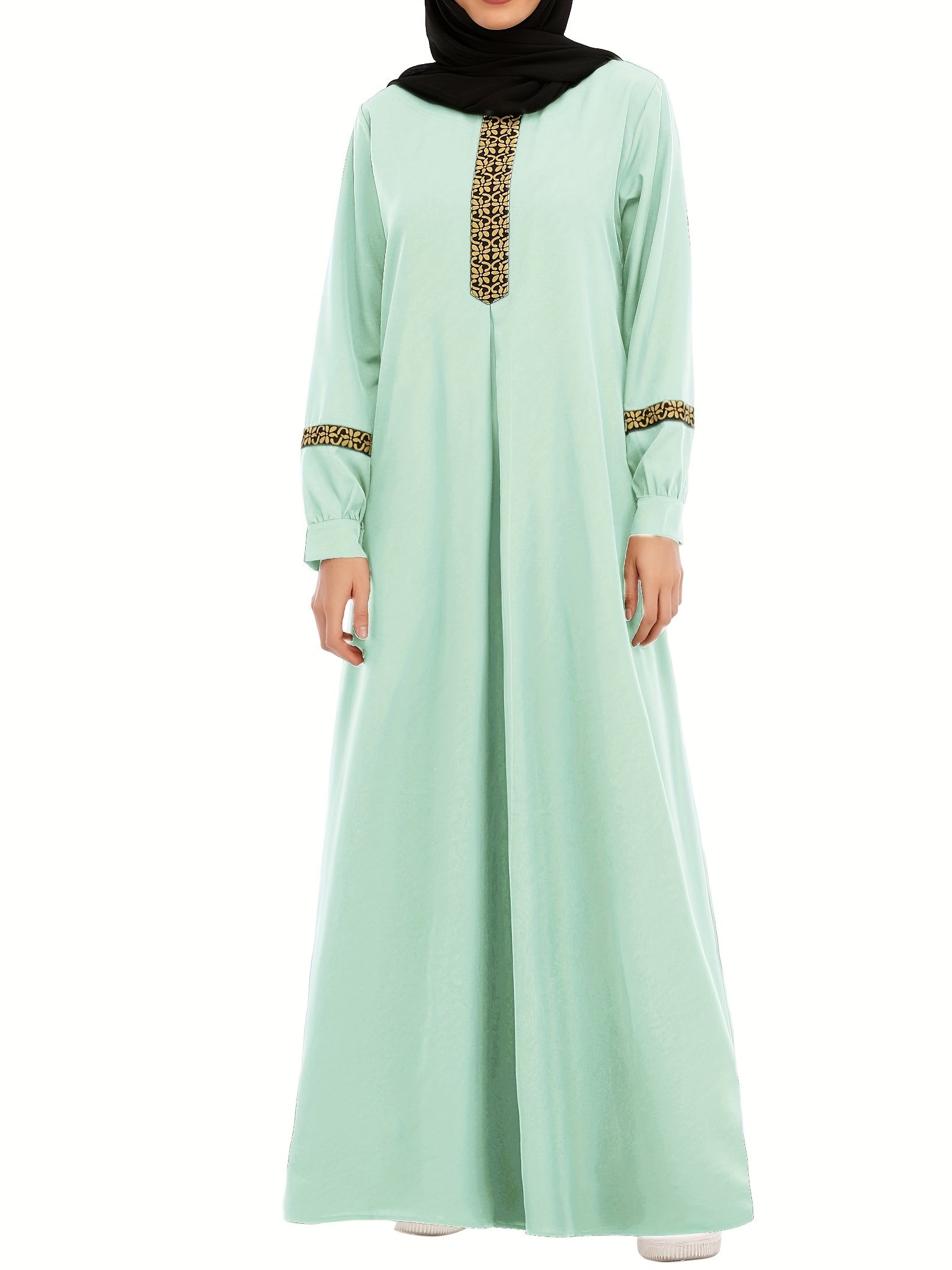 Contrast Trim Kaftan, Elegant Long Sleeve Maxi Length Dress, /MH