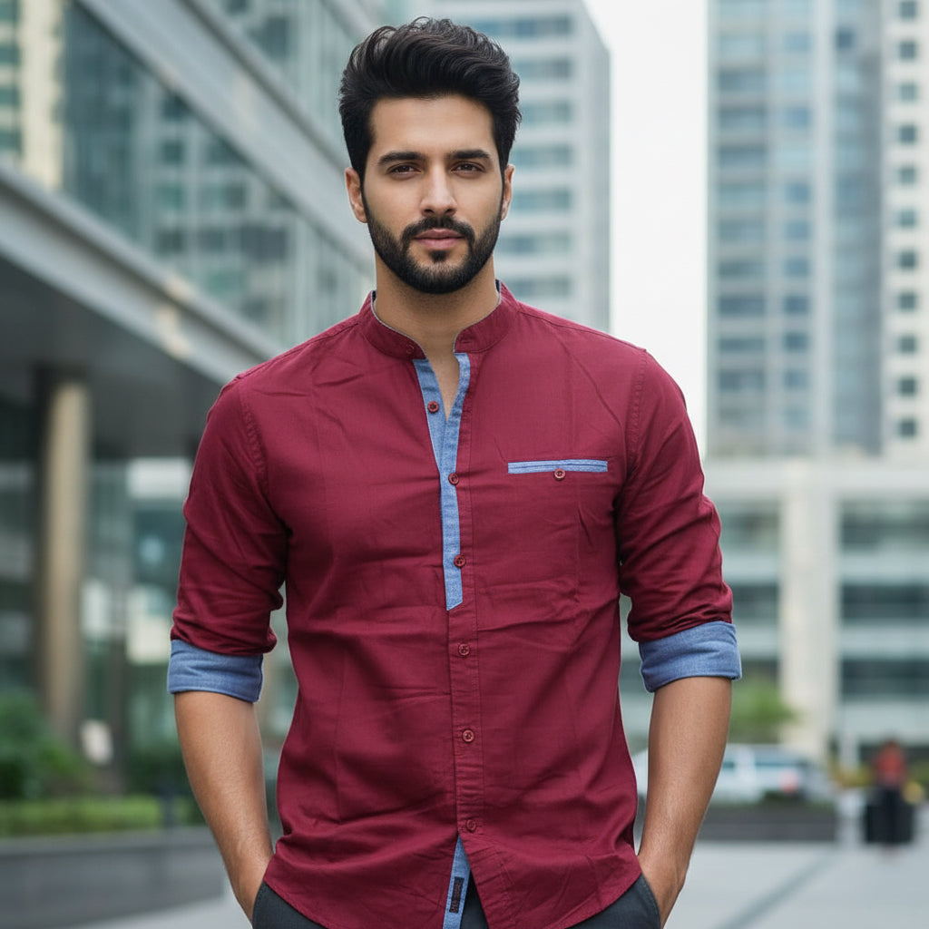 Men's Mandarin Collar Slim-Fit Contrast Detail Casual Cotton Shirt | MH