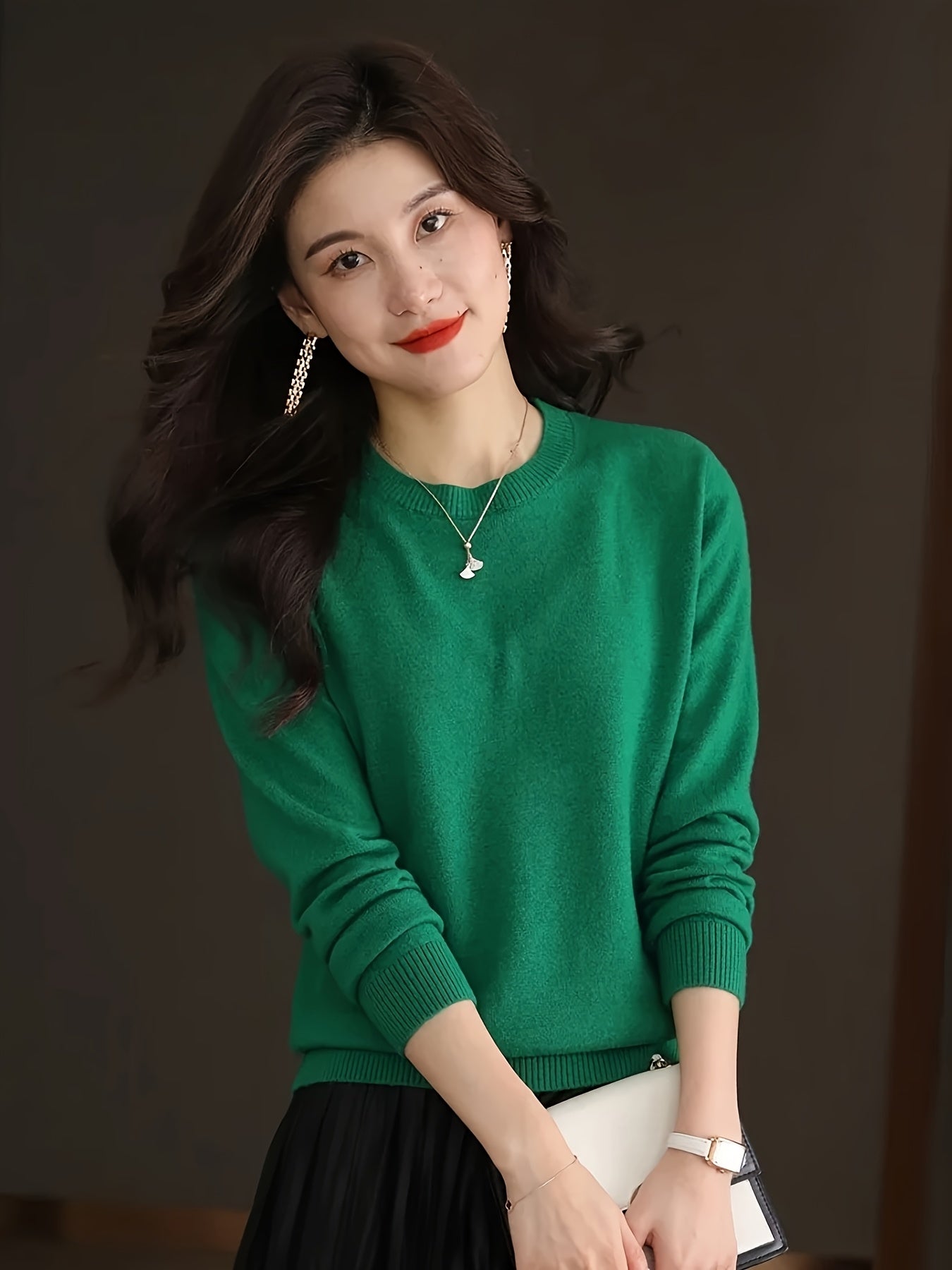 1pc Women'S 100% Wool Crew Neck Long Sleeve Knit Sweater,