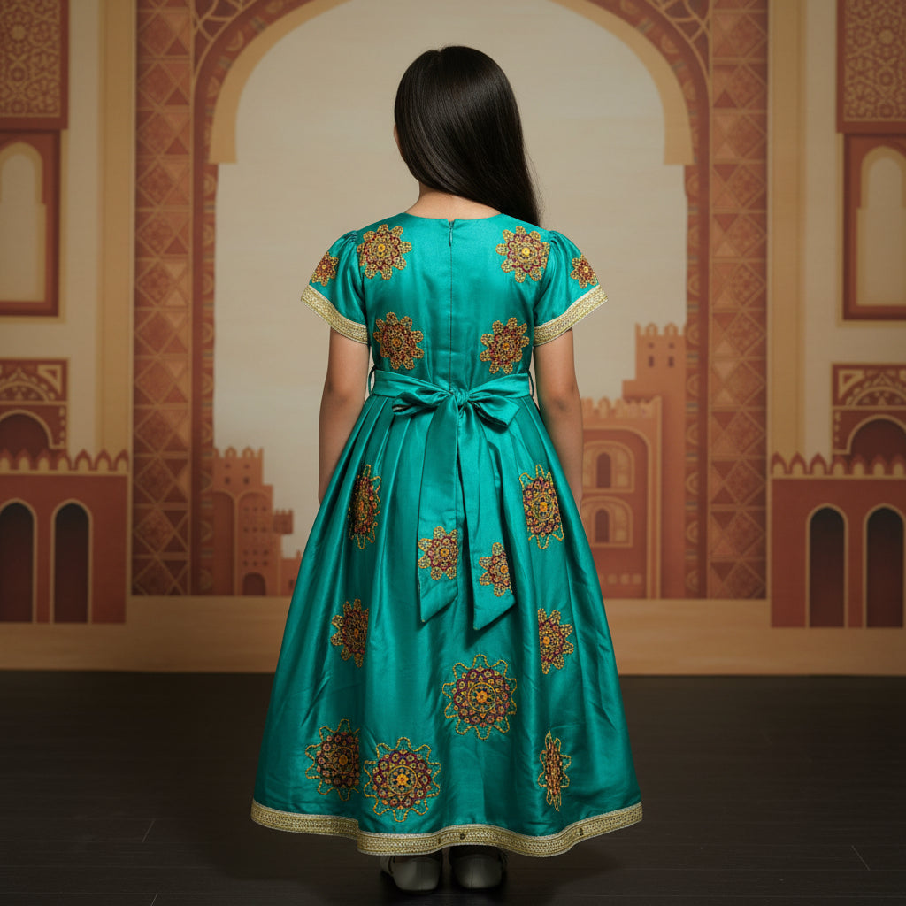 Elegant Turquoise Gold Embroidered Modest Abaya Dress for Toddlers | Sizes (24)-4 Years | MH