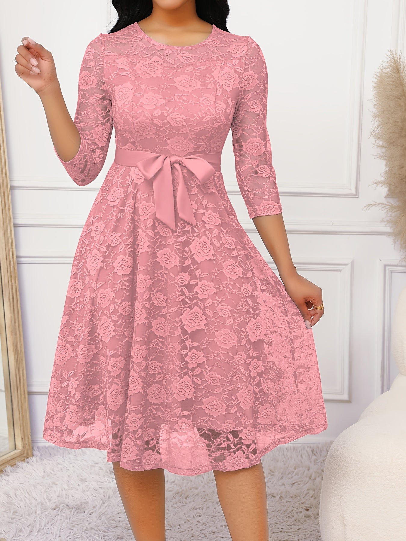 Floral Lace Ruffle Hem Belted Dress, Elegant Crew Neck 3/4 Sleeve Aline Dress ./MH