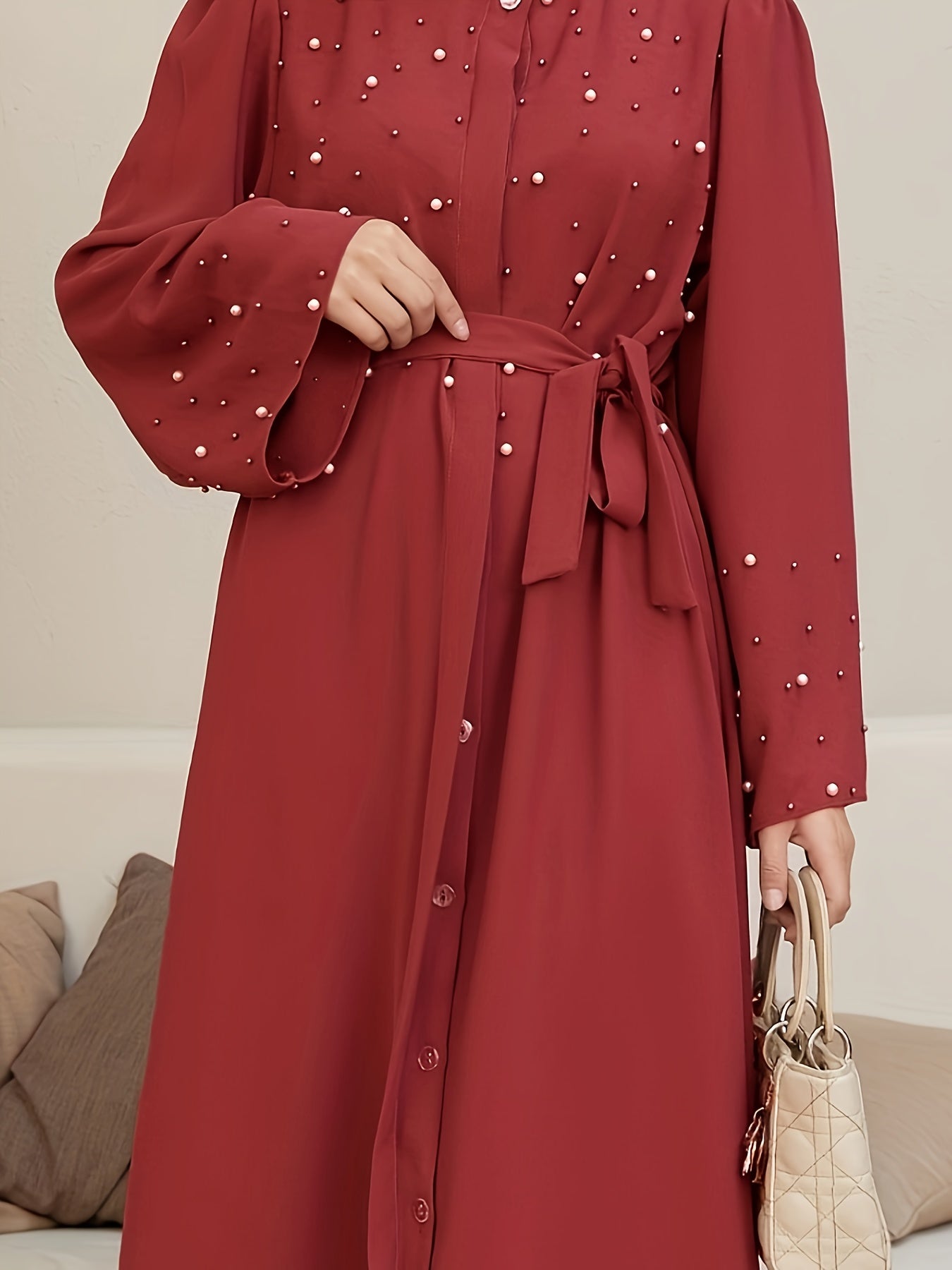 Elegant Navy Blue Abaya with Pearl Embellishments and Belt -/MH