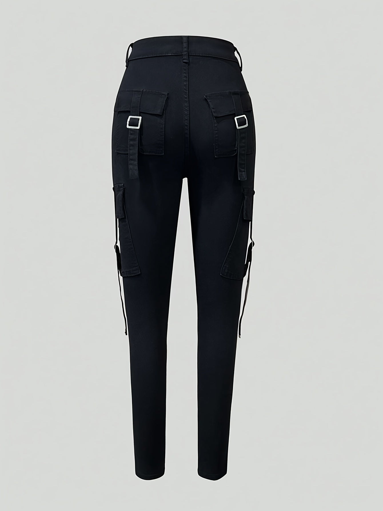 Women's High-Waist Stretchy Black Cargo Pants with Multiple Pockets -/MH