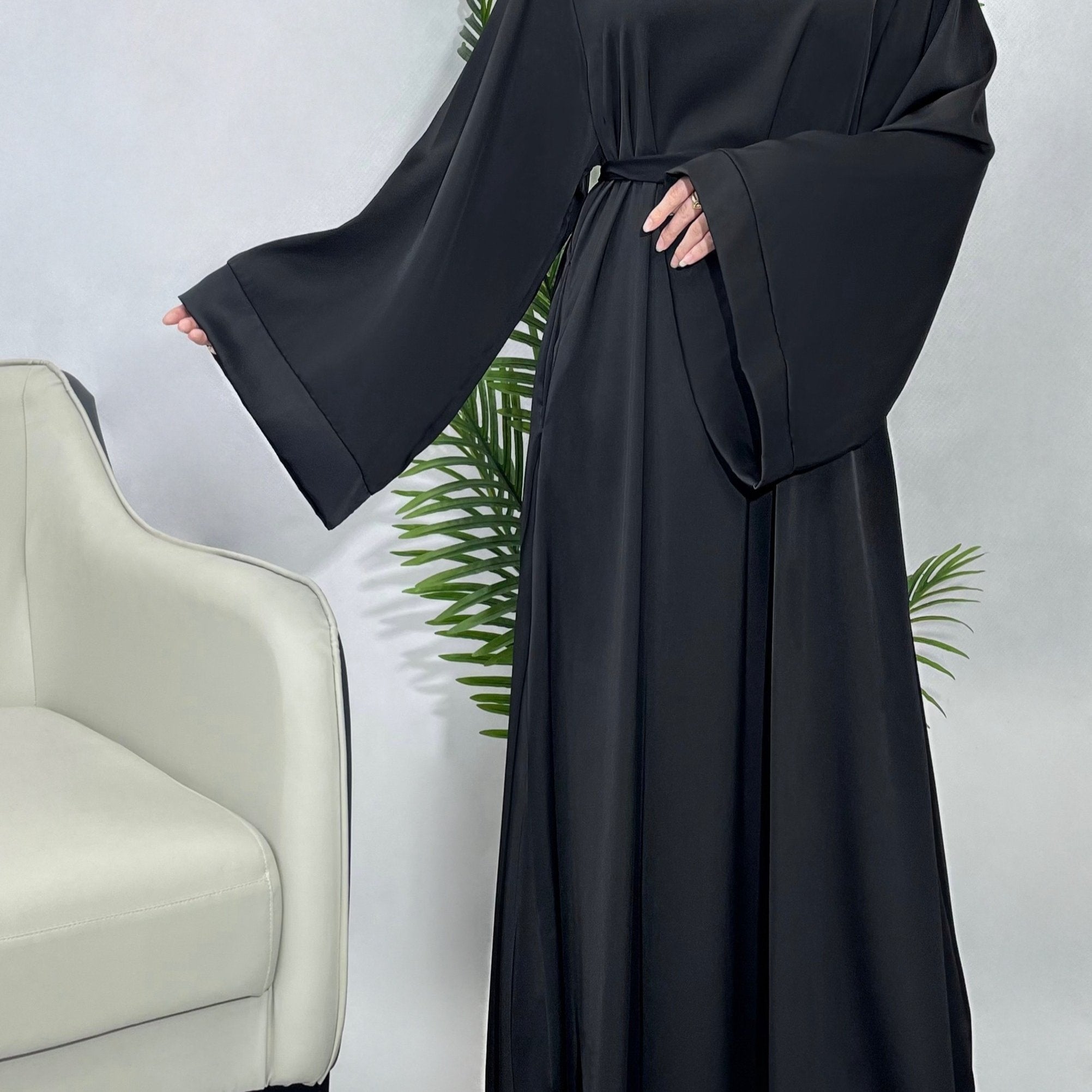 Solid Maxi Kaftan Abaya, Modest Crew Neck Long Sleeve ./MH