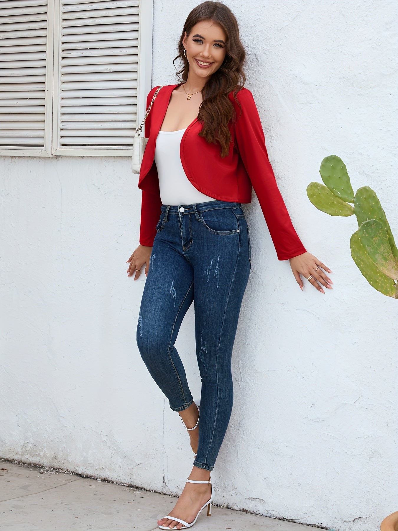 Solid Open Front Blazer, Casual Long Sleeve Crop Blazer For Work,