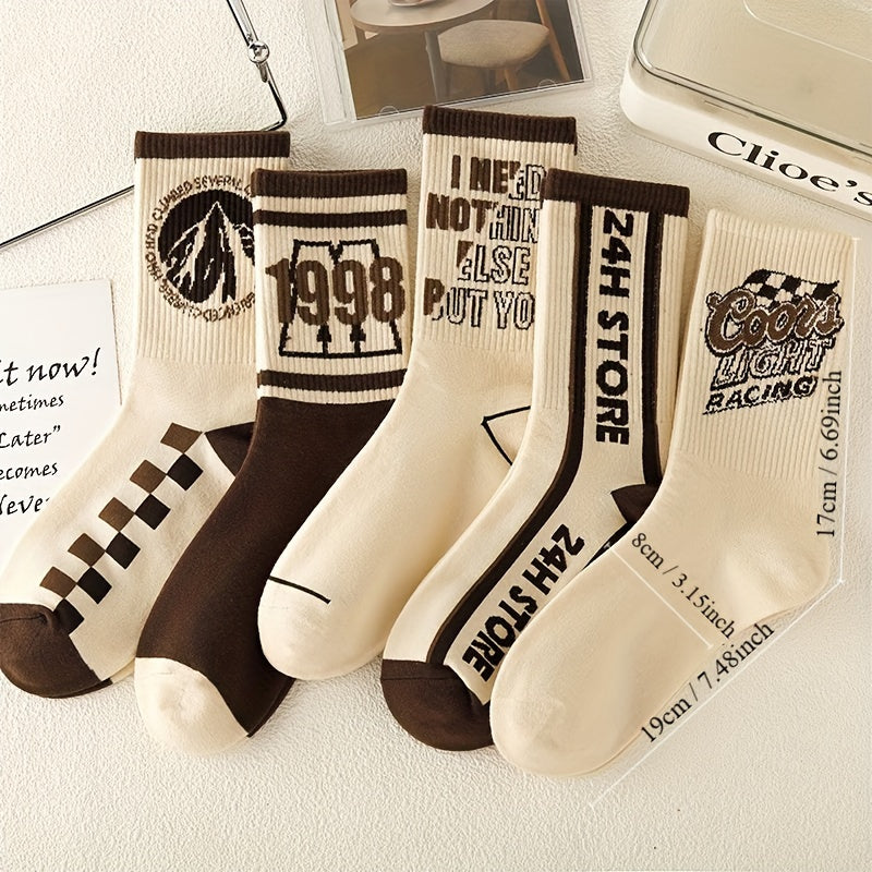 1/5/8 Pairs Women's Versatile Retro Letter Pattern Medium Tube Sport Socks,/MH