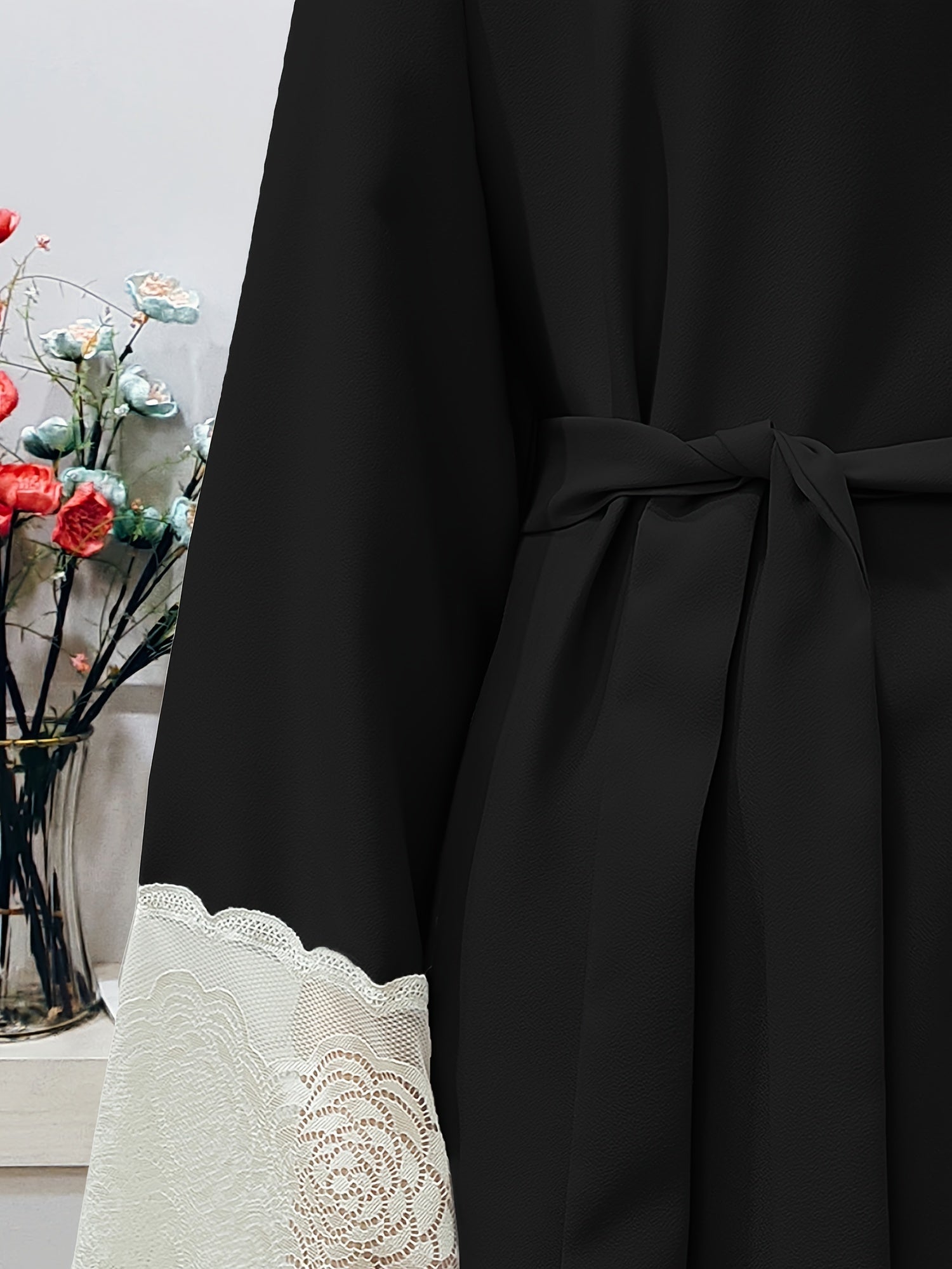 Contrast Lace Crew Neck Kaftan Abaya, /MH