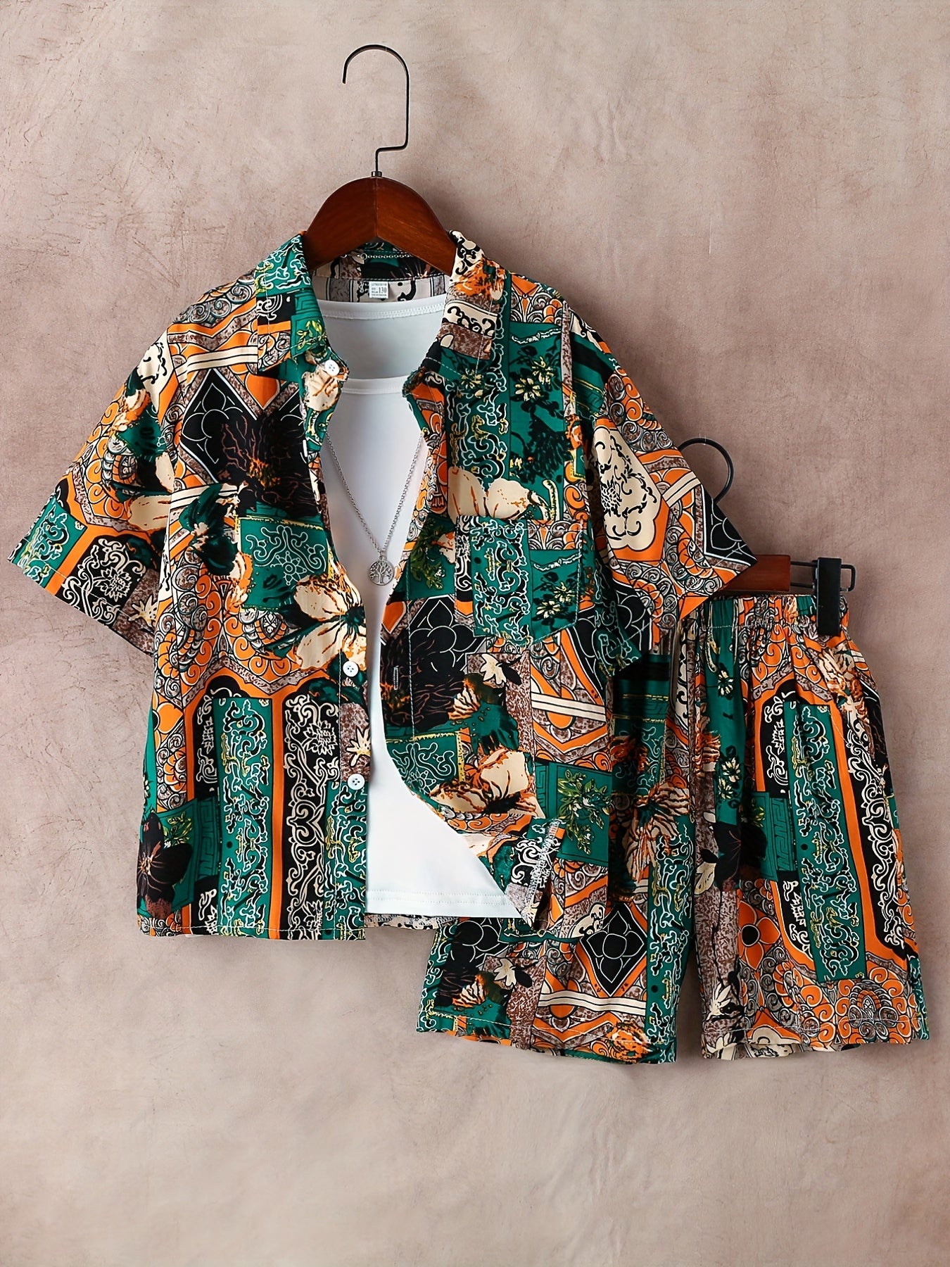 Boys Flower Print Outfit Short Sleeves Button Down Shirt .