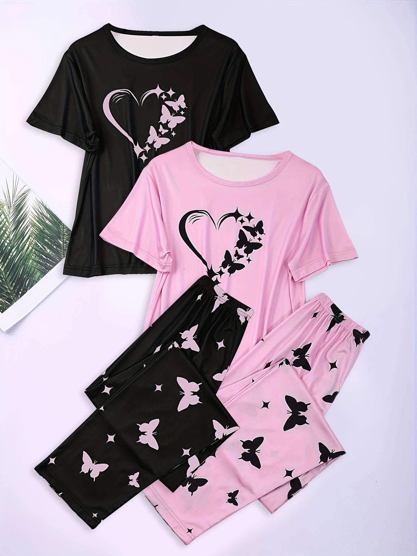 2 Sets Heart Print Pajamas Set, Short Sleeve Crew Neck Top & Butterfly Print Pants, Women's Sleepwear & Loungewear