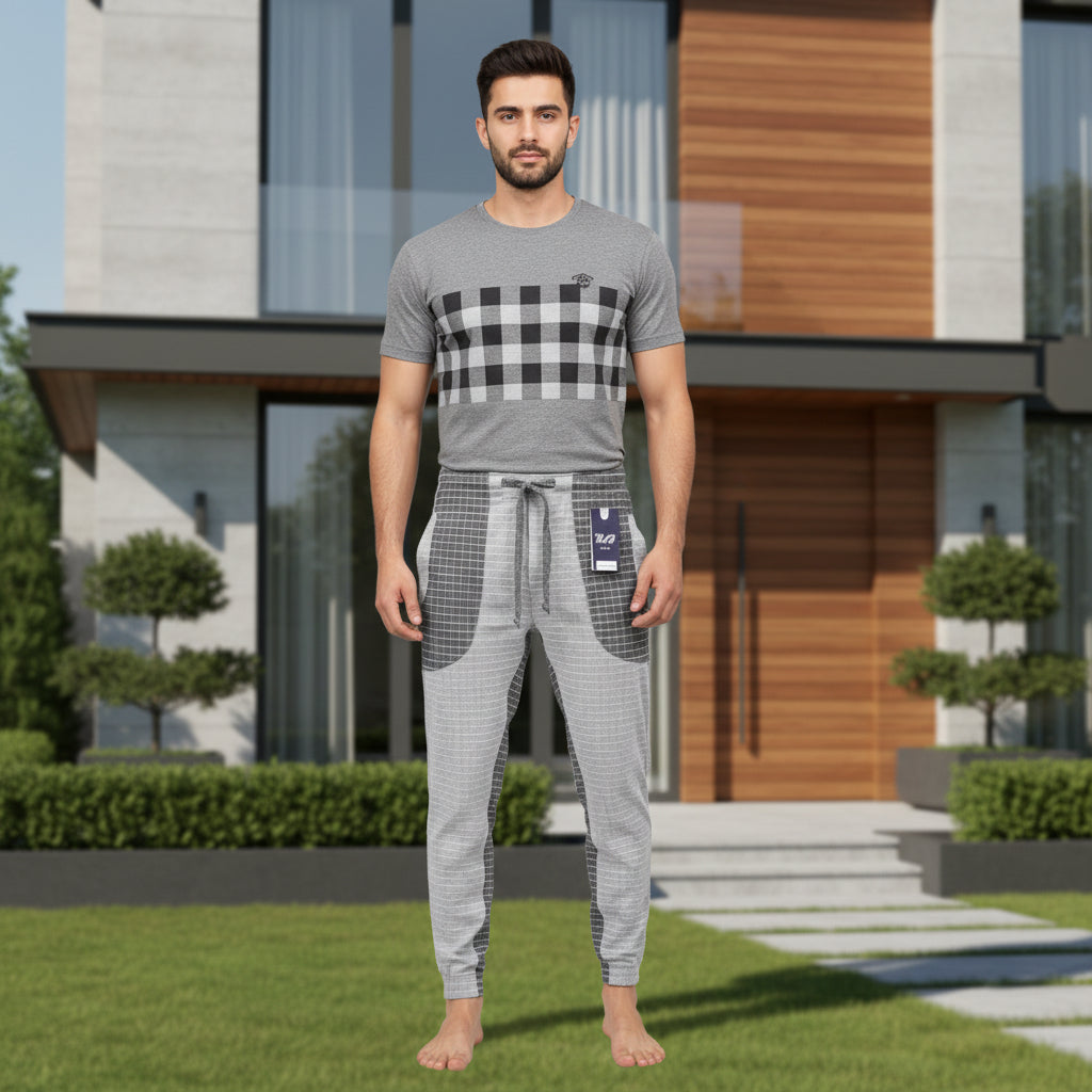 Men’s Textured Grid Panel Joggers – Slim Fit Checkered Sweatpants | 3 Colors | Sizes- S-XL | MH
