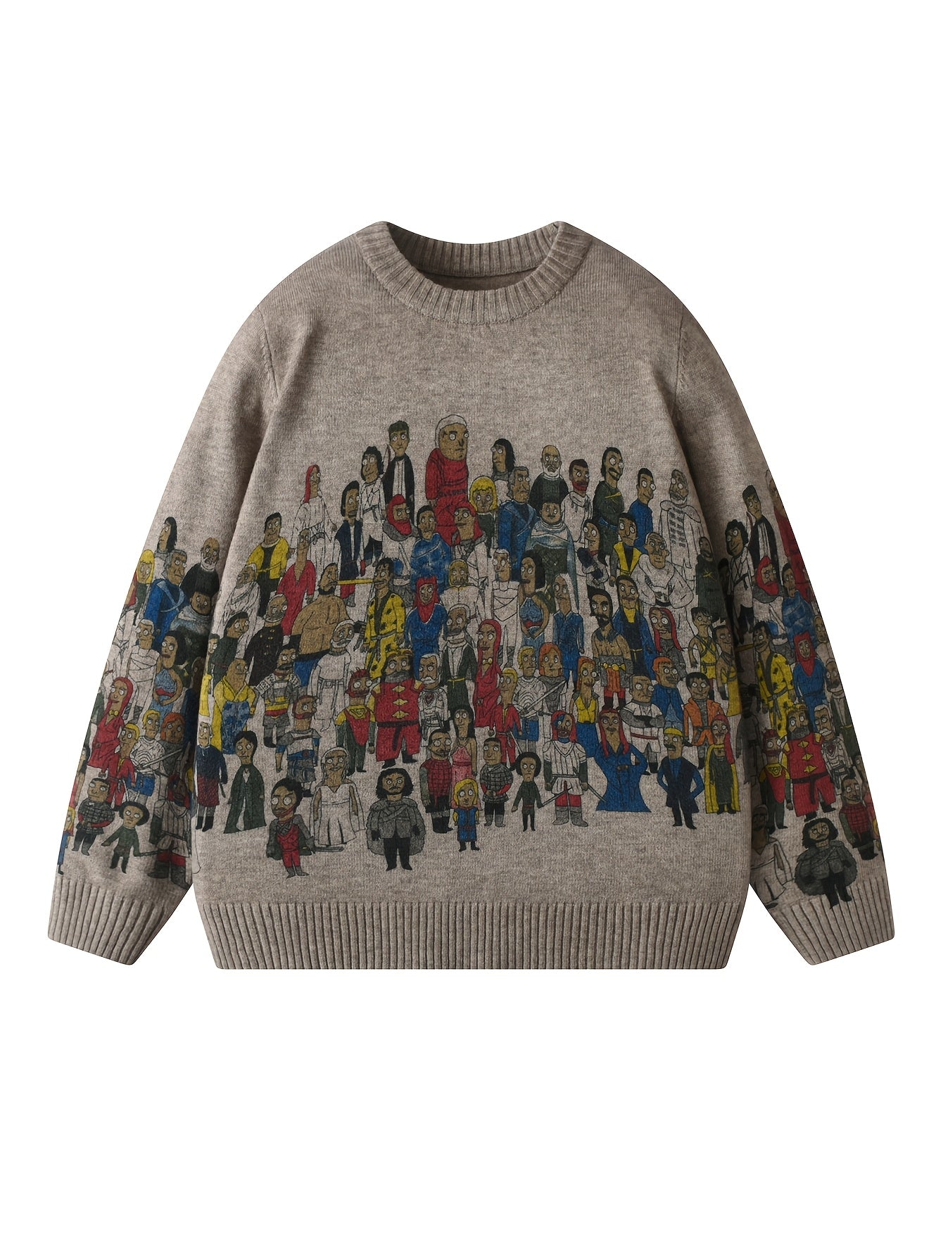 Men'S Cartoon Print Crew Neck Sweater, Casual Street Style Knit Pullover,