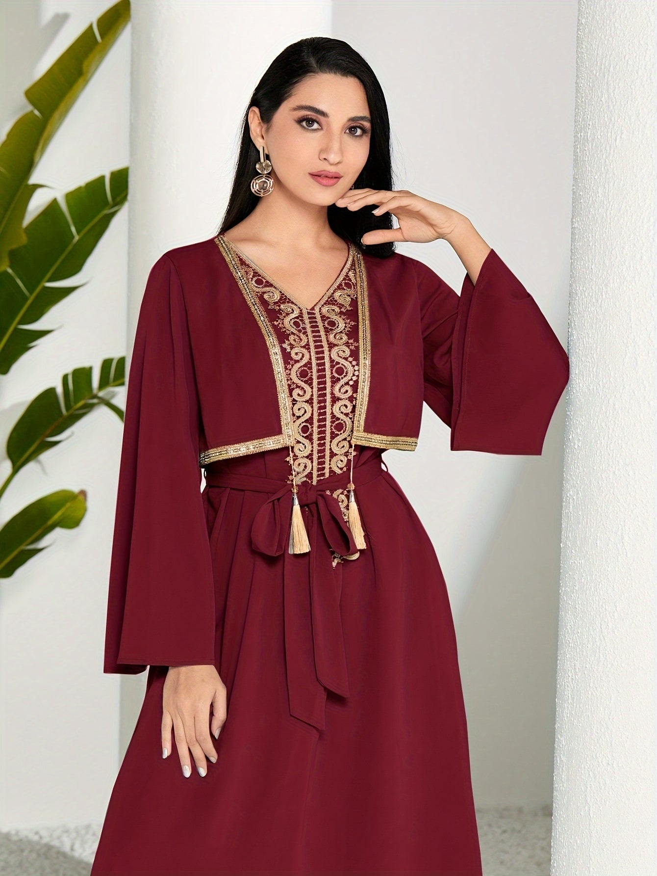 2 In 1 Lace Trim V-neck Kaftan Dress, /MH