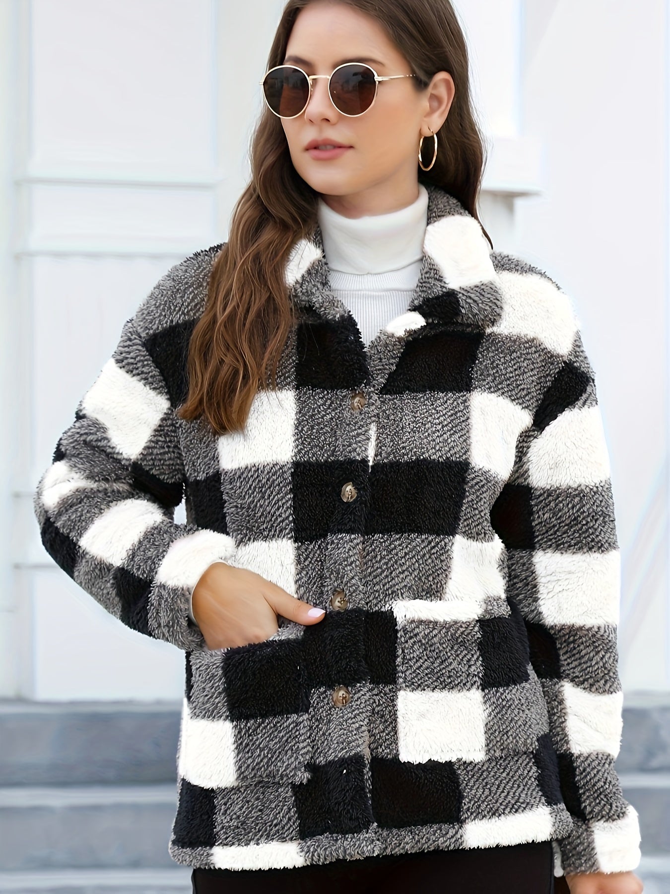 Long Sleeve Plaid Print Teddy Coat with Patched Pockets - Soft, Warm,