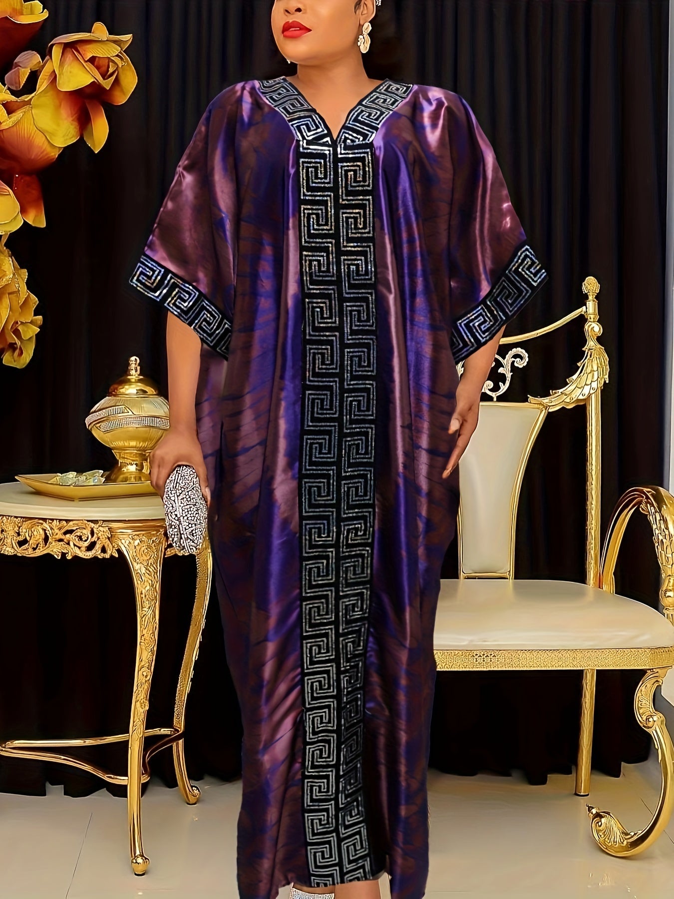 Abstract Print Greek Pattern Kaftan Dress, Elegant Half Sleeve'/MH