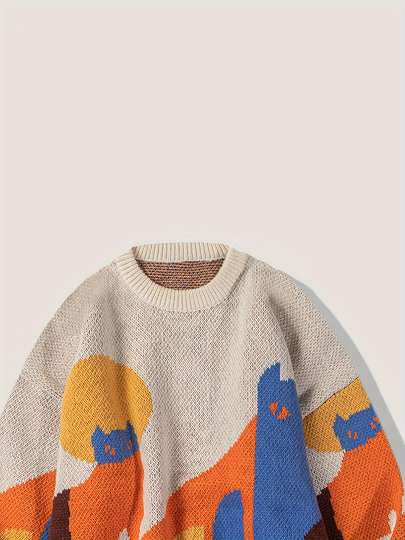 Cute Cat Pattern Knitted Sweater, Men's Casual Warm Mid Stretch .