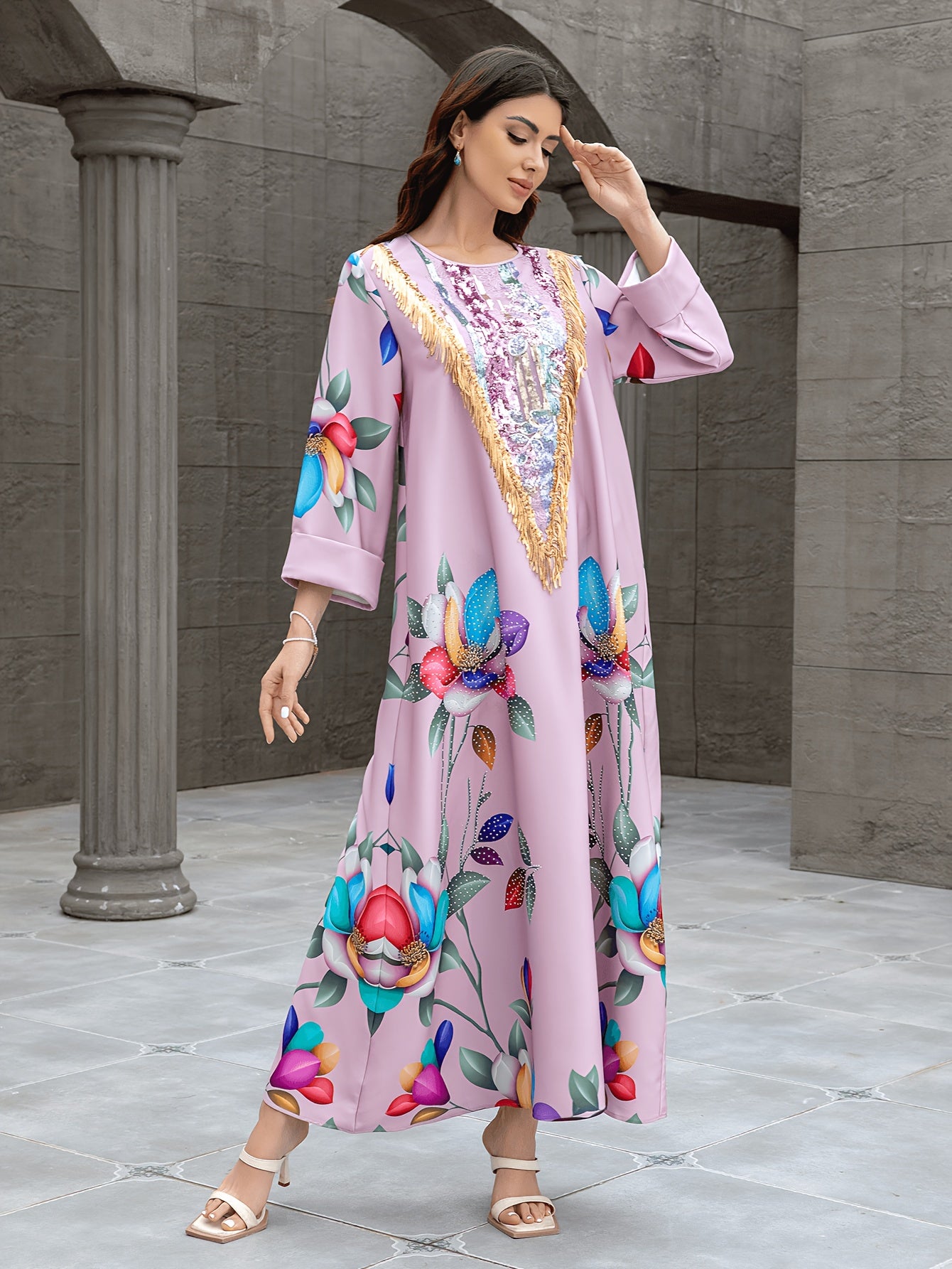 1pc Elegant Floral Abaya Dress for Women, Long Sleeve '/MH
