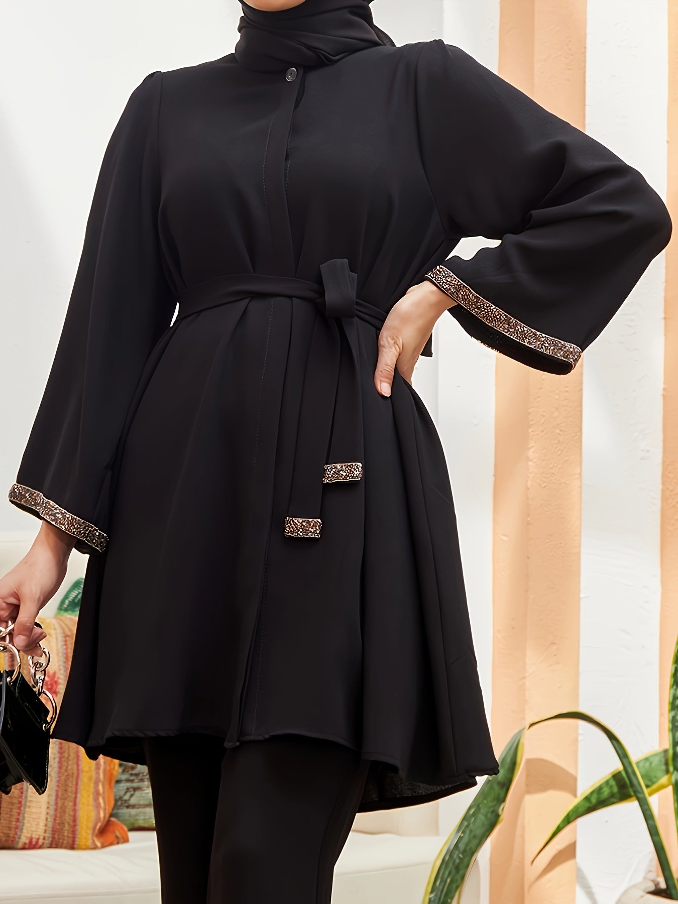 Contrast Trim Belted Button Front Kaftan Shirt, /MH