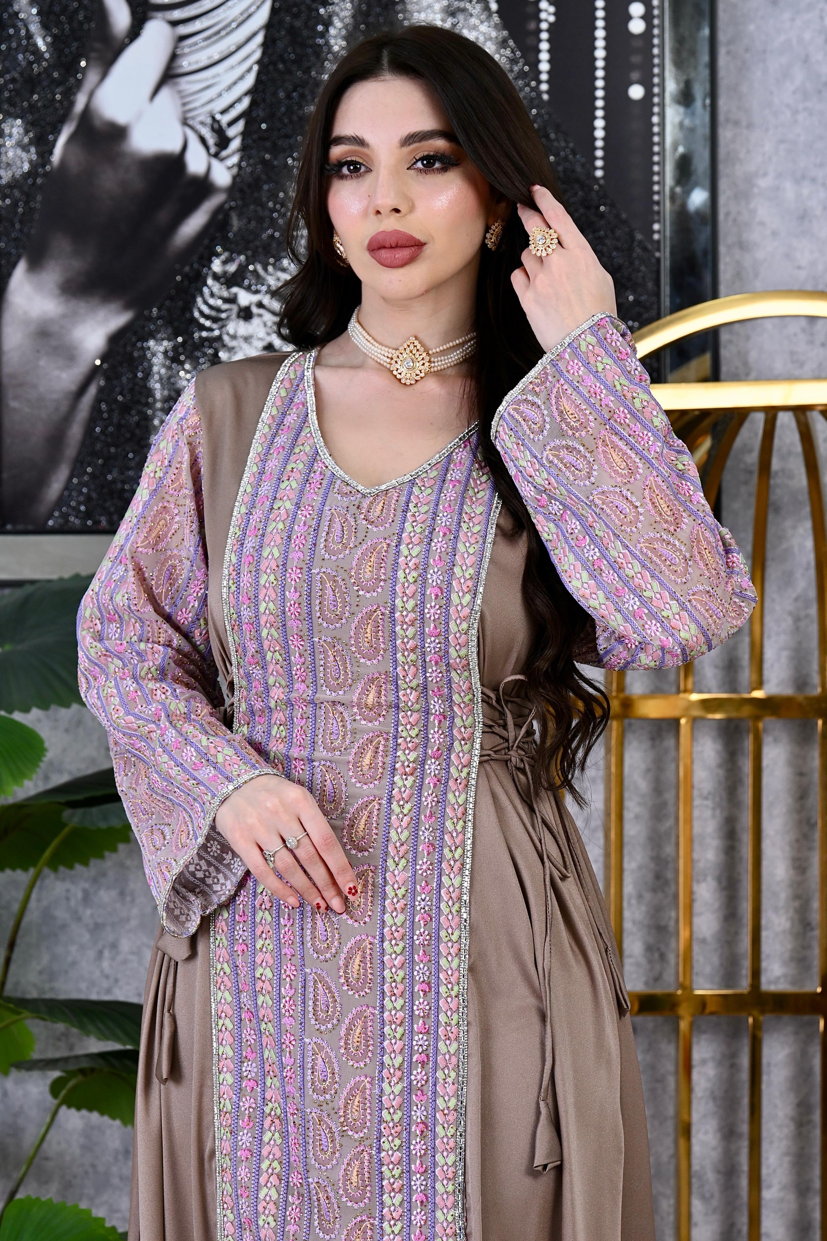Crystal Panel Crepe Royal Tapestry Embroidered Dress with Adjustable Waist | Modest Evening Wear Dubai Occasion Kaftan | 4 Colors | Sizes F1-F2 | MH