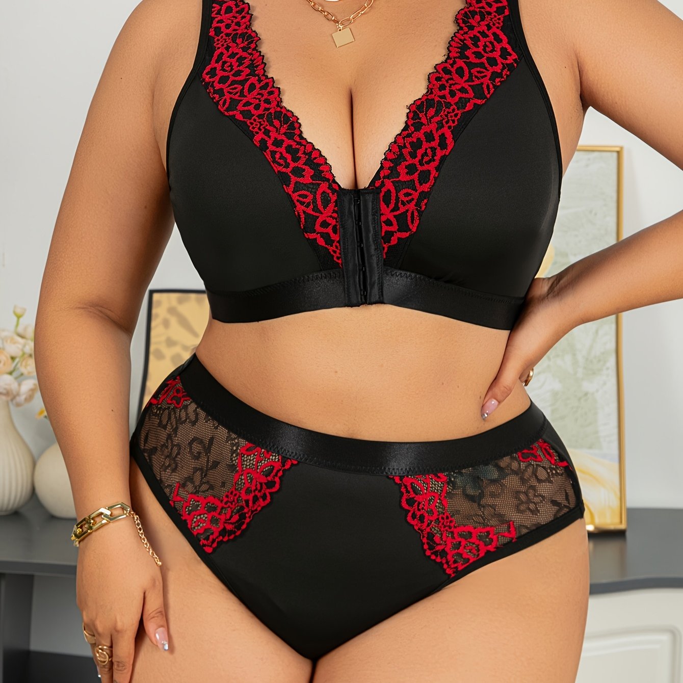 Plus Size Sexy Lingerie Set - Black & White Striped Pattern, /MH