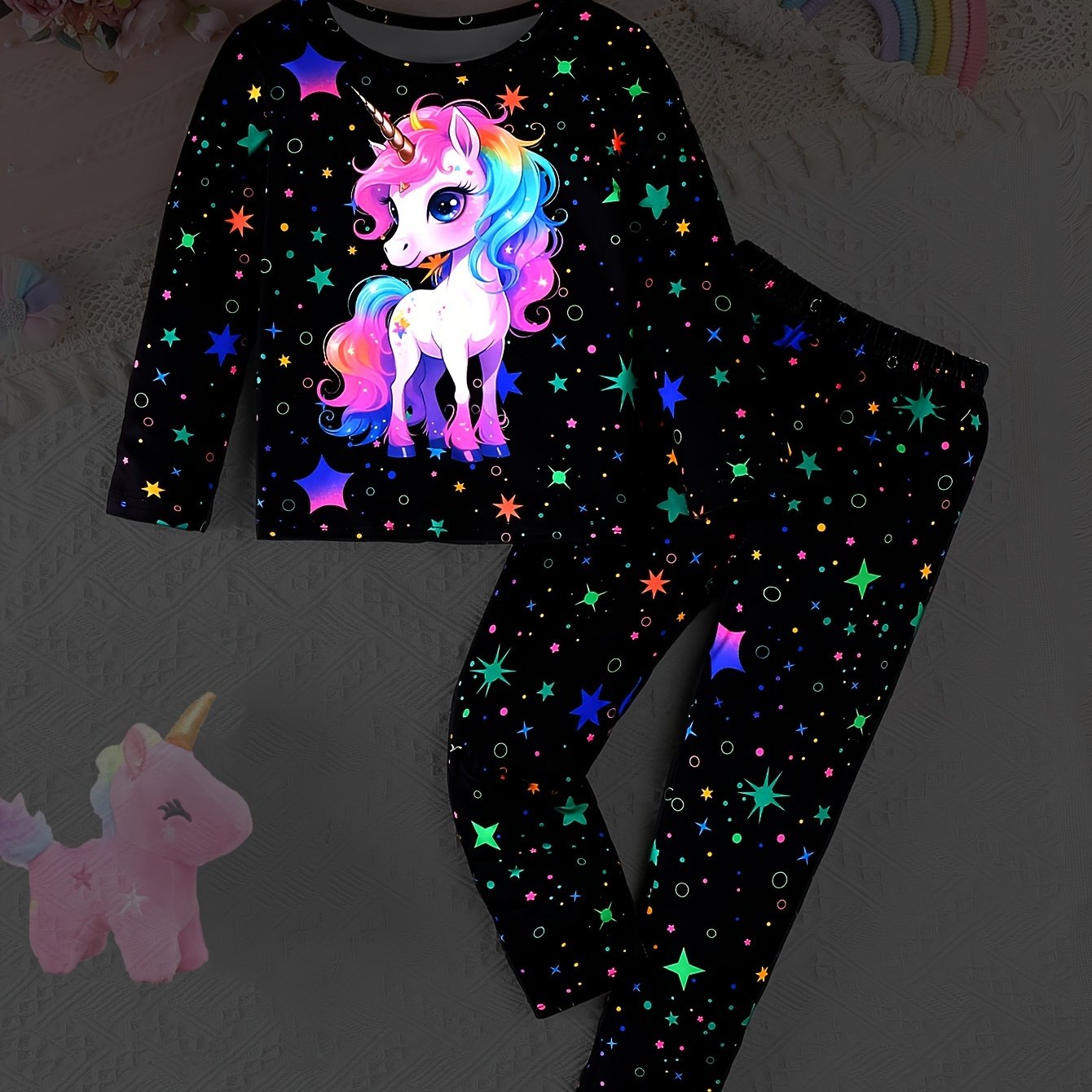 Girl'S 2pcs Starry Night Pajama Set with Long Sleeve.