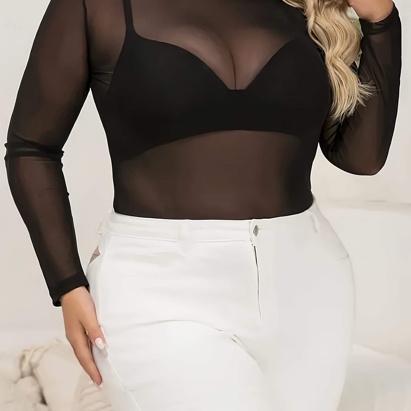 Elegant Plus Size Women's Sheer Mesh Long Sleeve ,/MH
